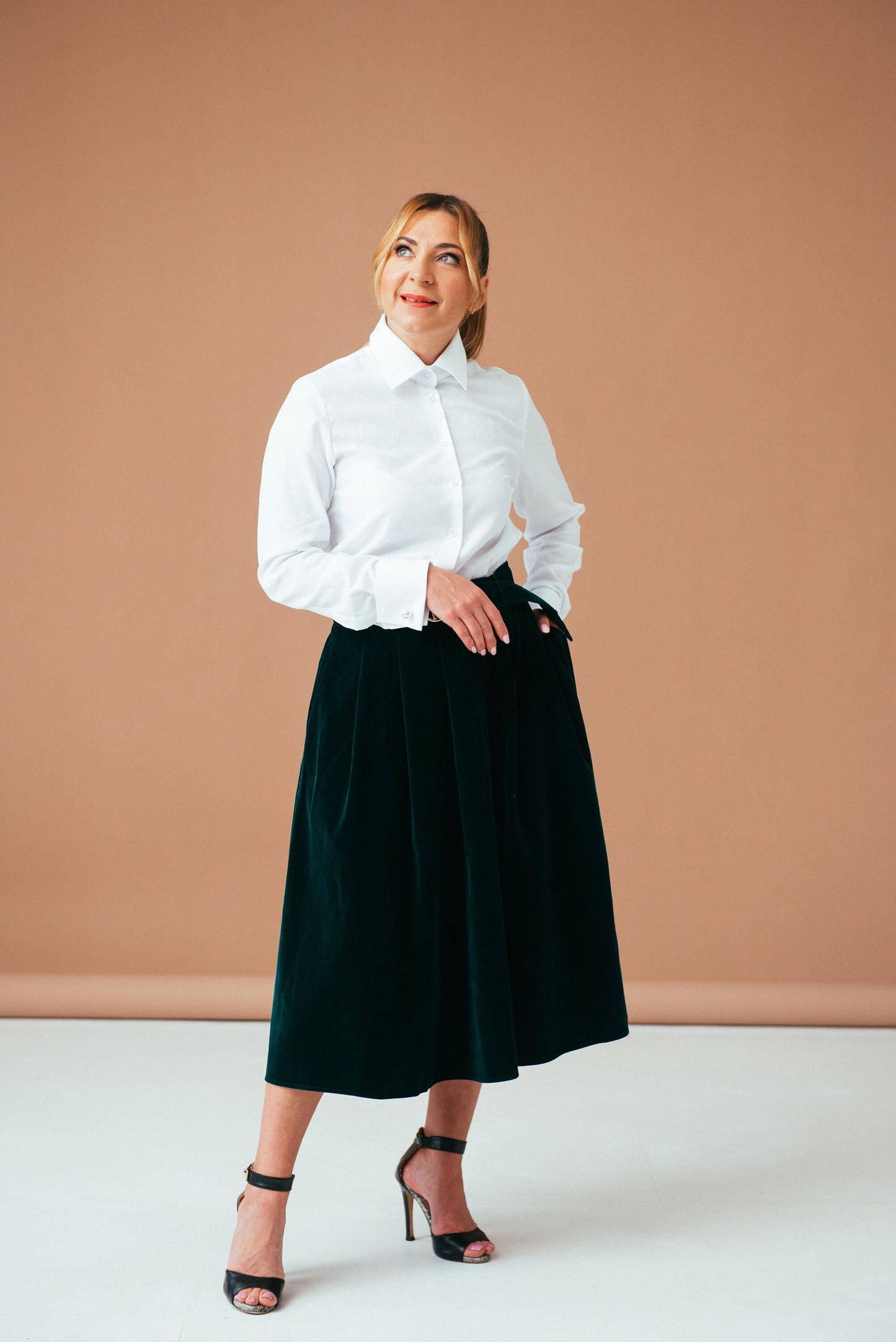 Elegant White Blouse with French Cuffs | Classic Women's Button-Down Shirt, Long Sleeve Paisley Top