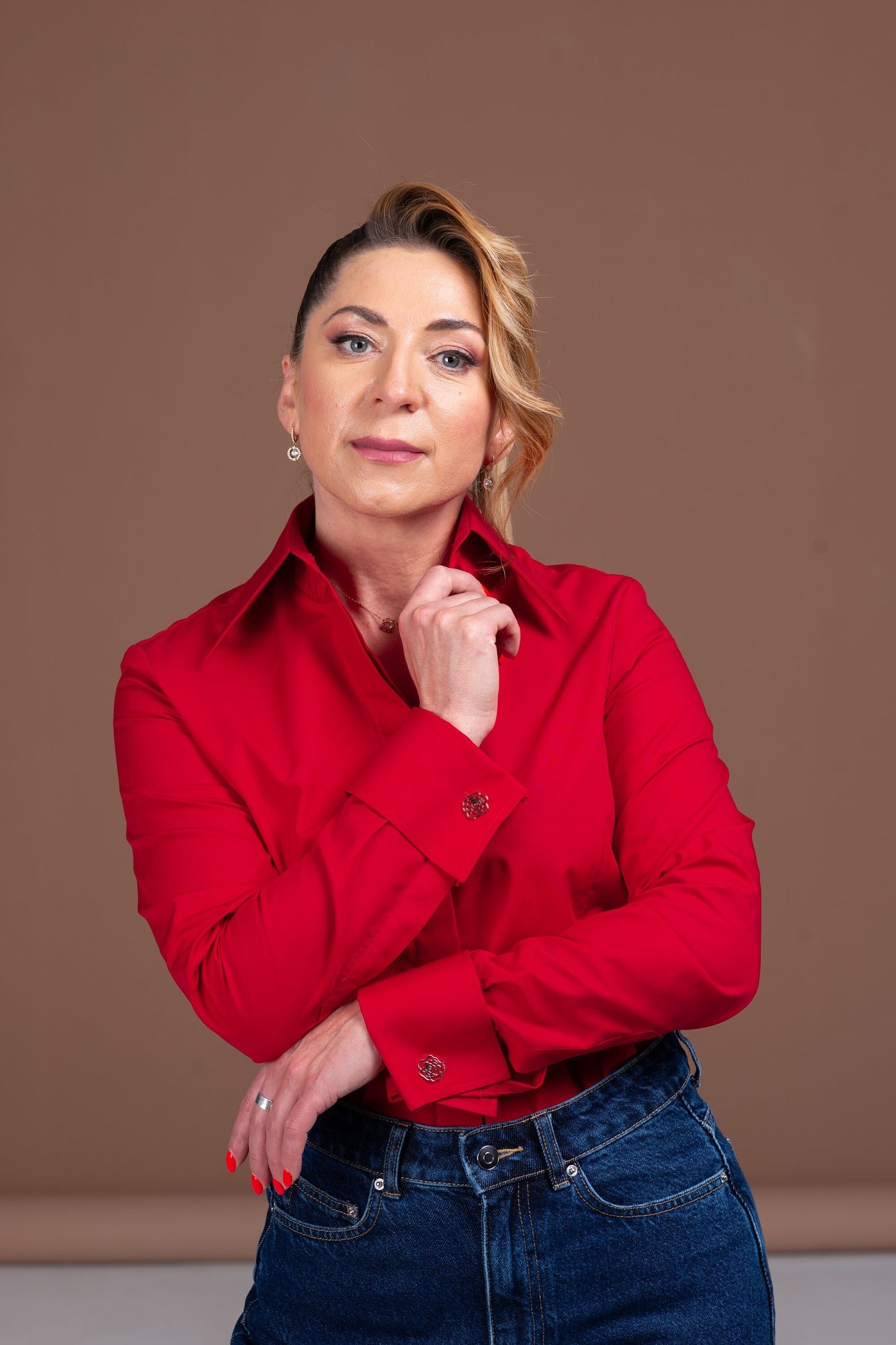 Red Cotton French Cuff Blouse: High Collar Button-Down Shirt
