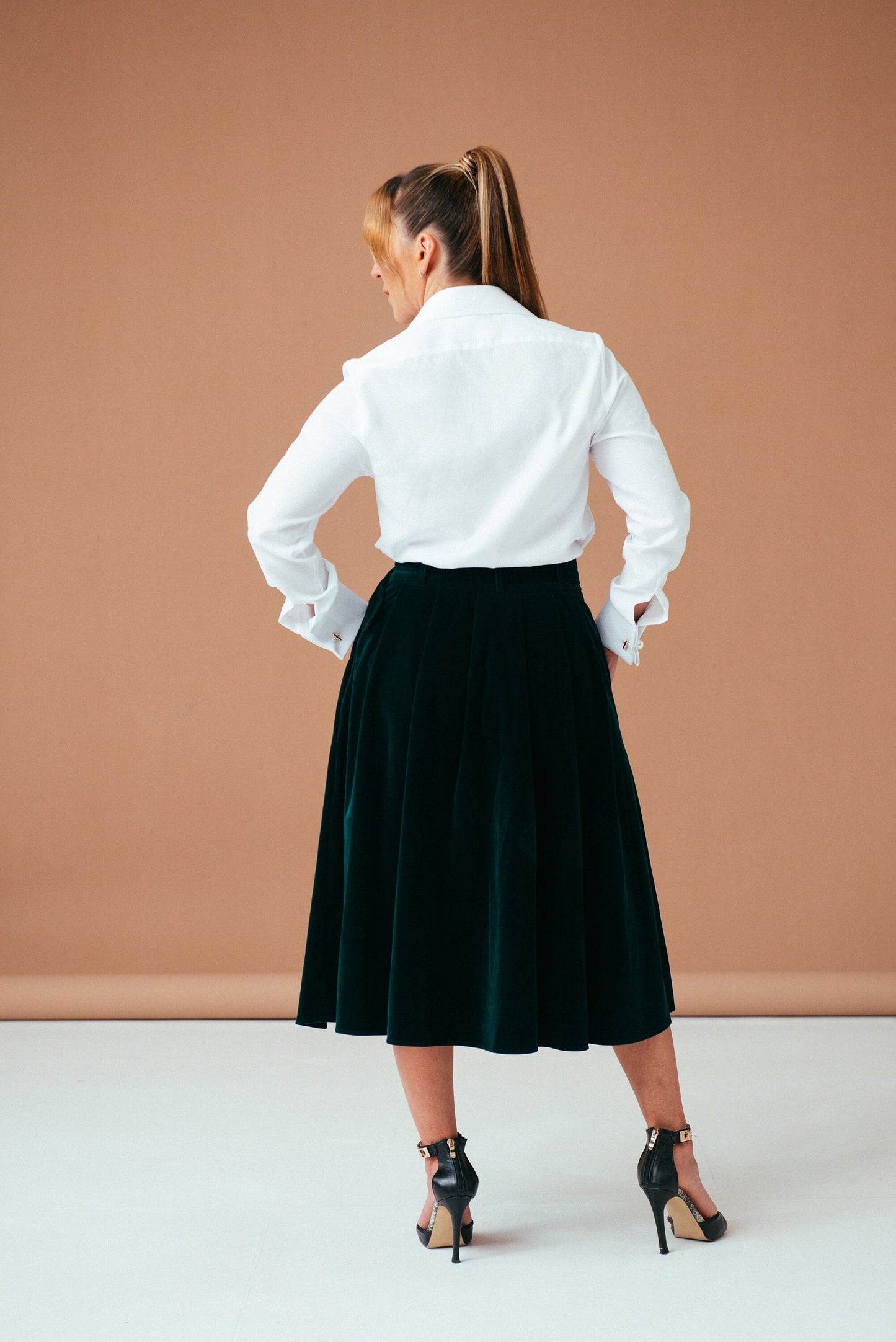 Elegant White Blouse with French Cuffs | Classic Women's Button-Down Shirt, Long Sleeve Paisley Top