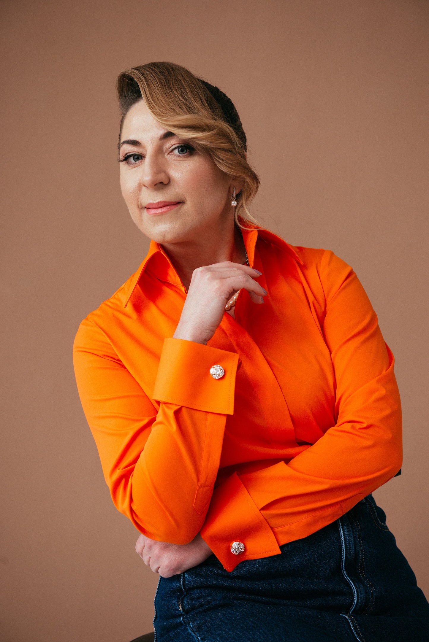 Orange French Cuff Blouse: Stretch Cotton High Collar Shirt