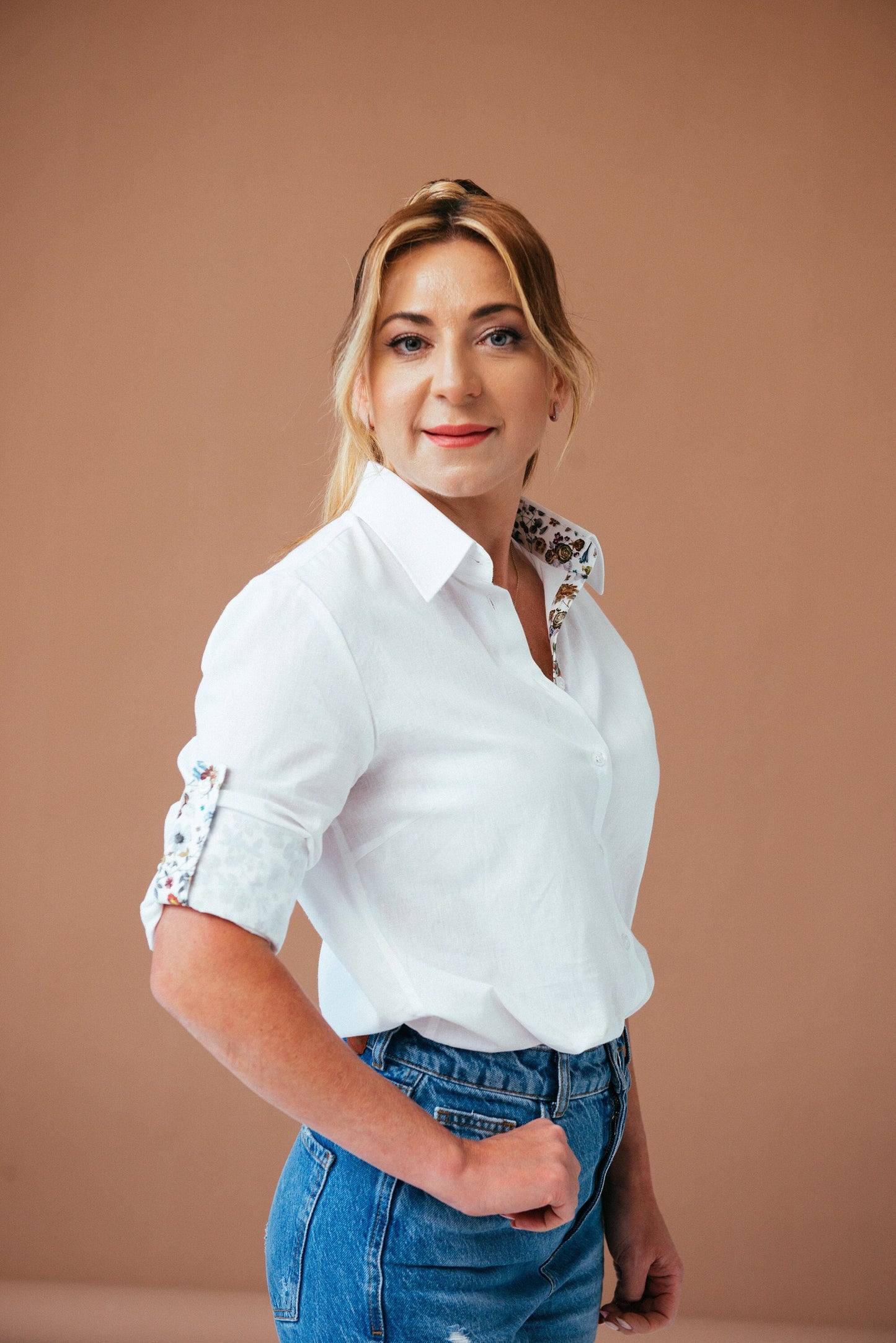 White Linen Cotton Blouse: Floral Accents, Convertible Sleeve