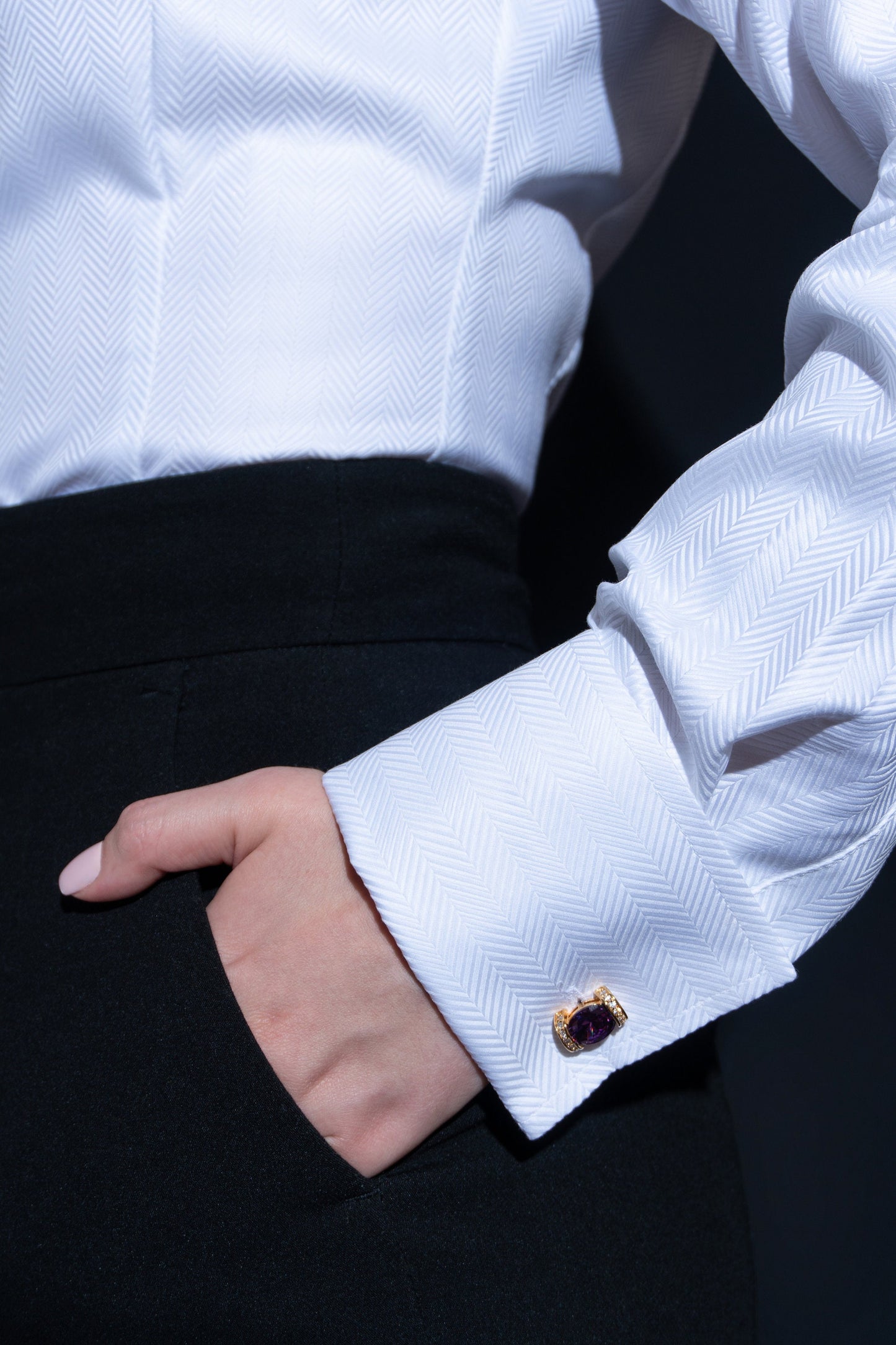 White Herringbone Cotton Shirt: Elegant French Cuff Blouse