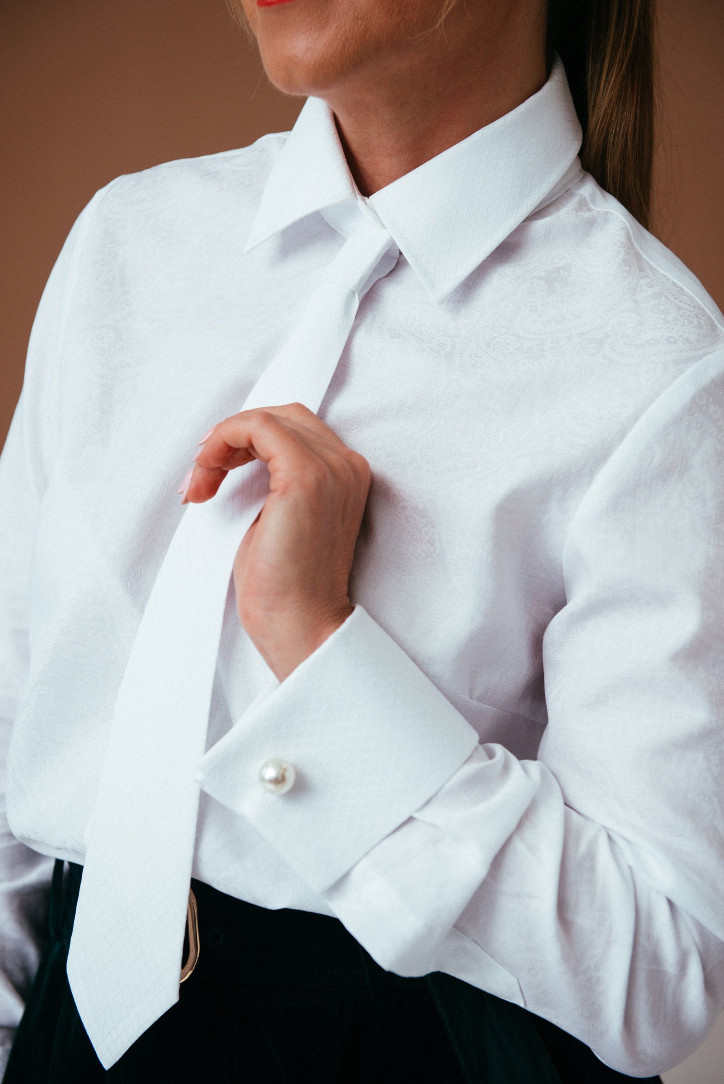 White Paisley Tie Neck Blouse: French Cuff Cotton Shirt