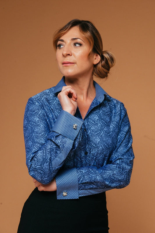 Blue Paisley French Cuff Shirt: Elegant Cotton Blouse