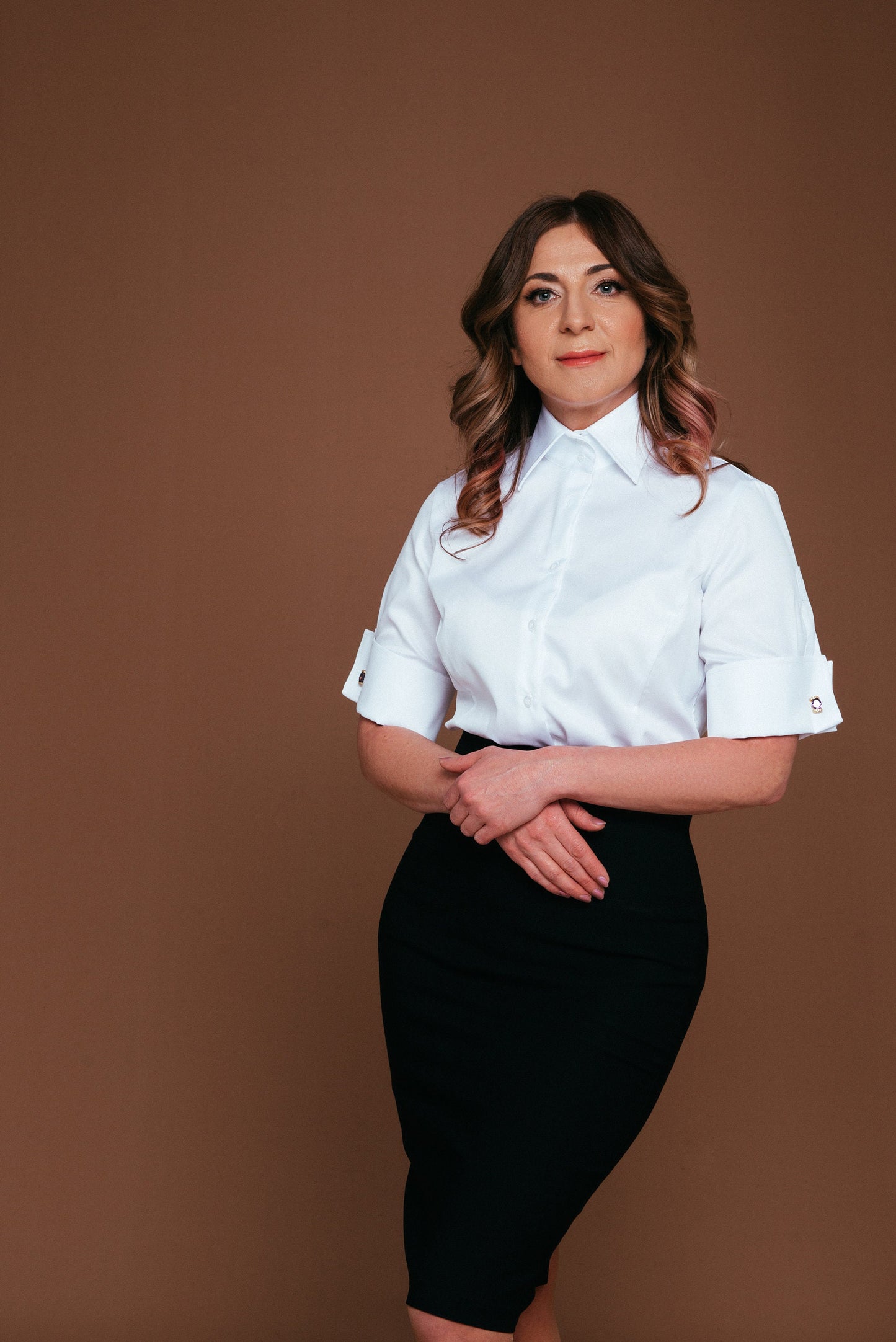 Non-Iron Blue Cotton Blouse: French Cuff Short Sleeve Shirt