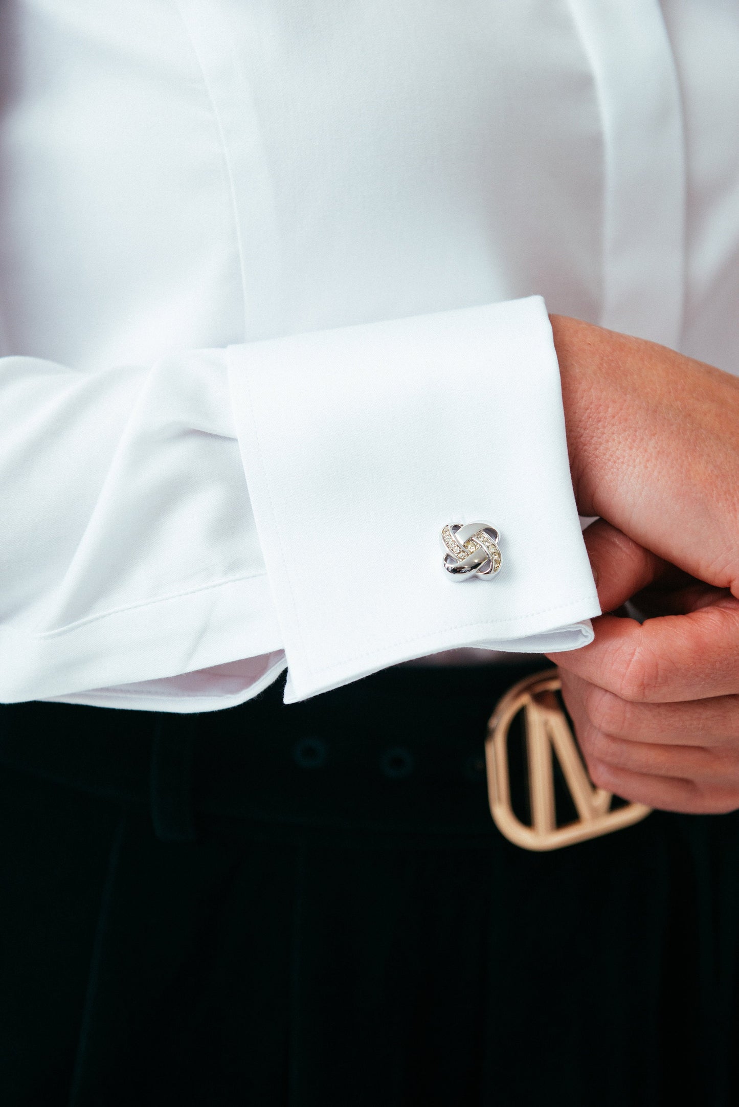 White French Cuff Blouse: High Collar, Pearlescent Buttons - Easy Care