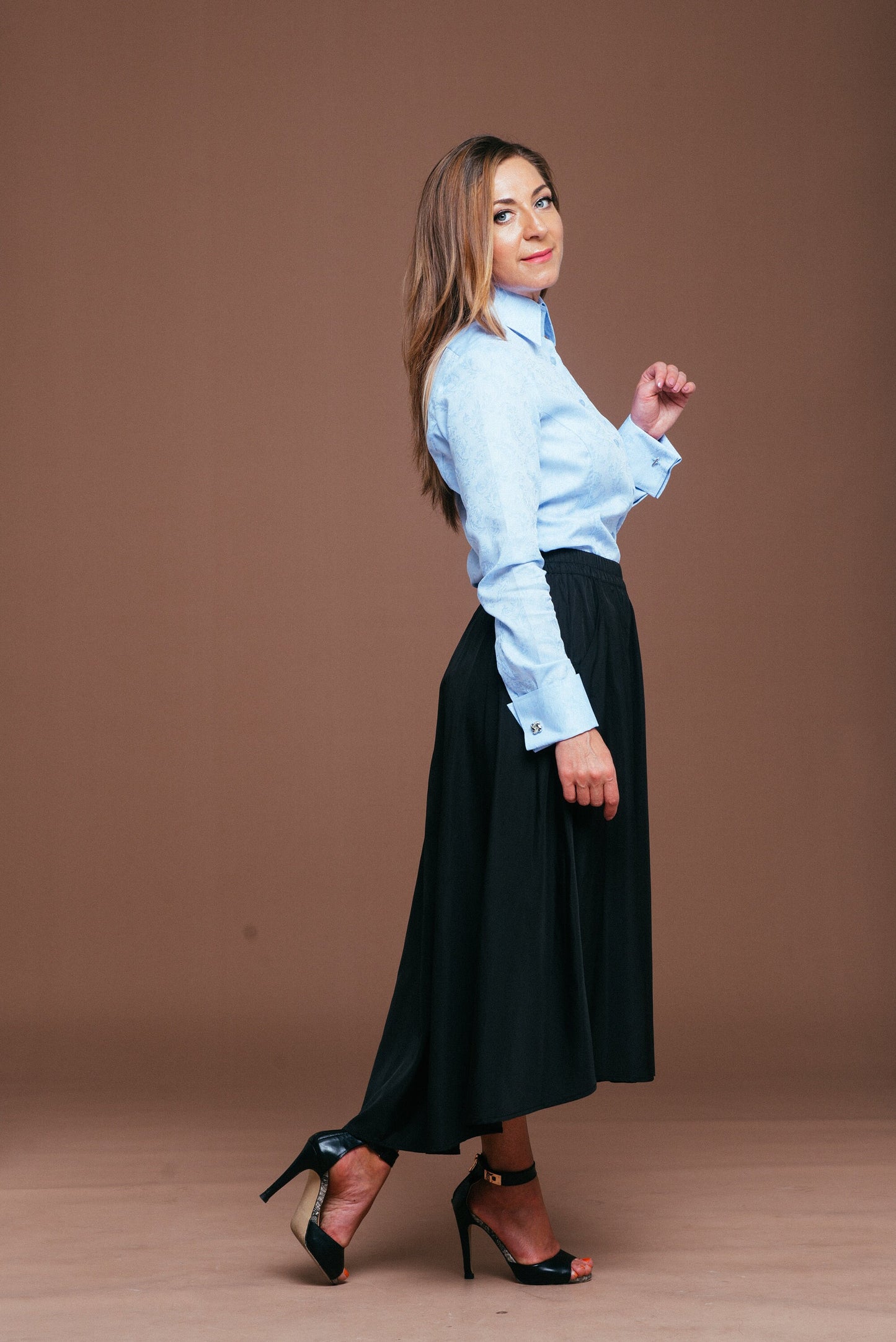 Blue Cotton Cufflink Blouse: Elegant High Collar Shirt