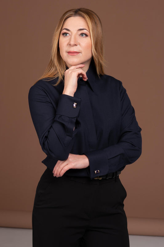 Luxury Navy Merino Wool French Cuff Shirt - Women's Business Blouse