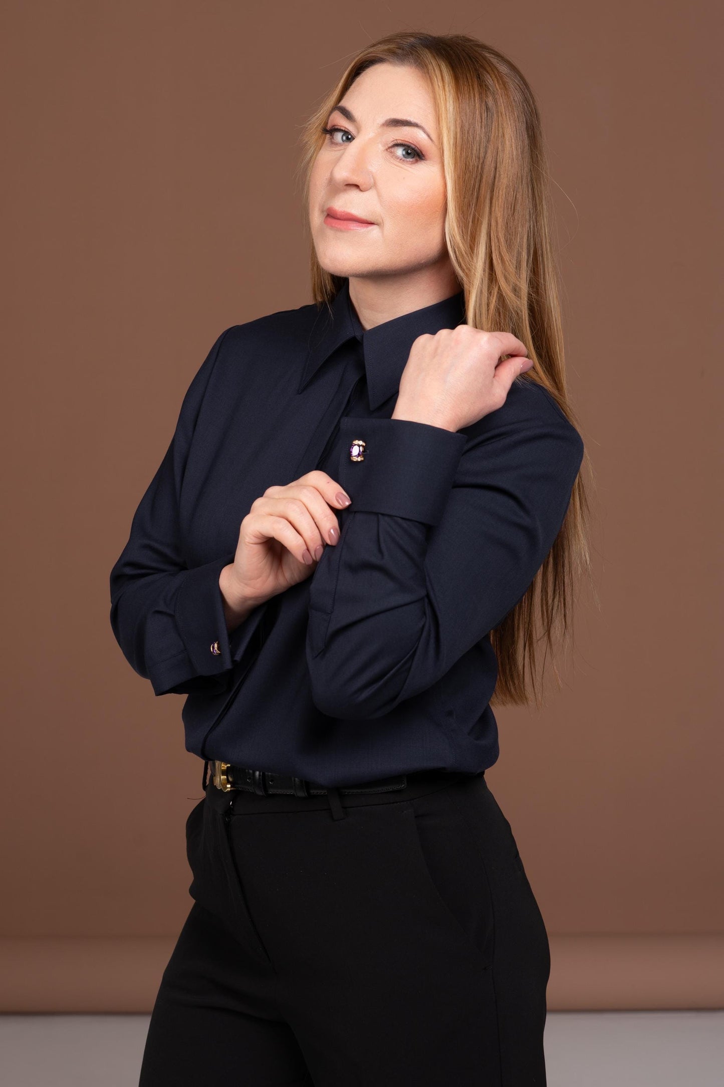Luxury Navy Merino Wool French Cuff Shirt - Women's Business Blouse