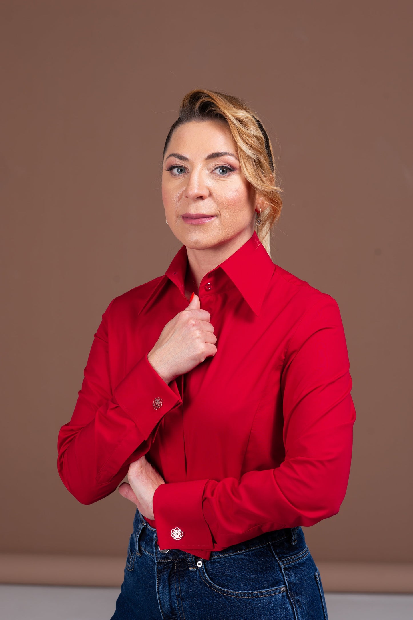 Red Cotton French Cuff Blouse: High Collar Button-Down Shirt