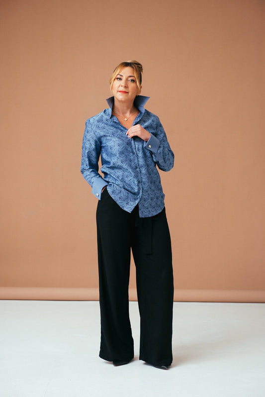 Blue Paisley Cotton French Cuff Shirt - Elegant Women's Blouse