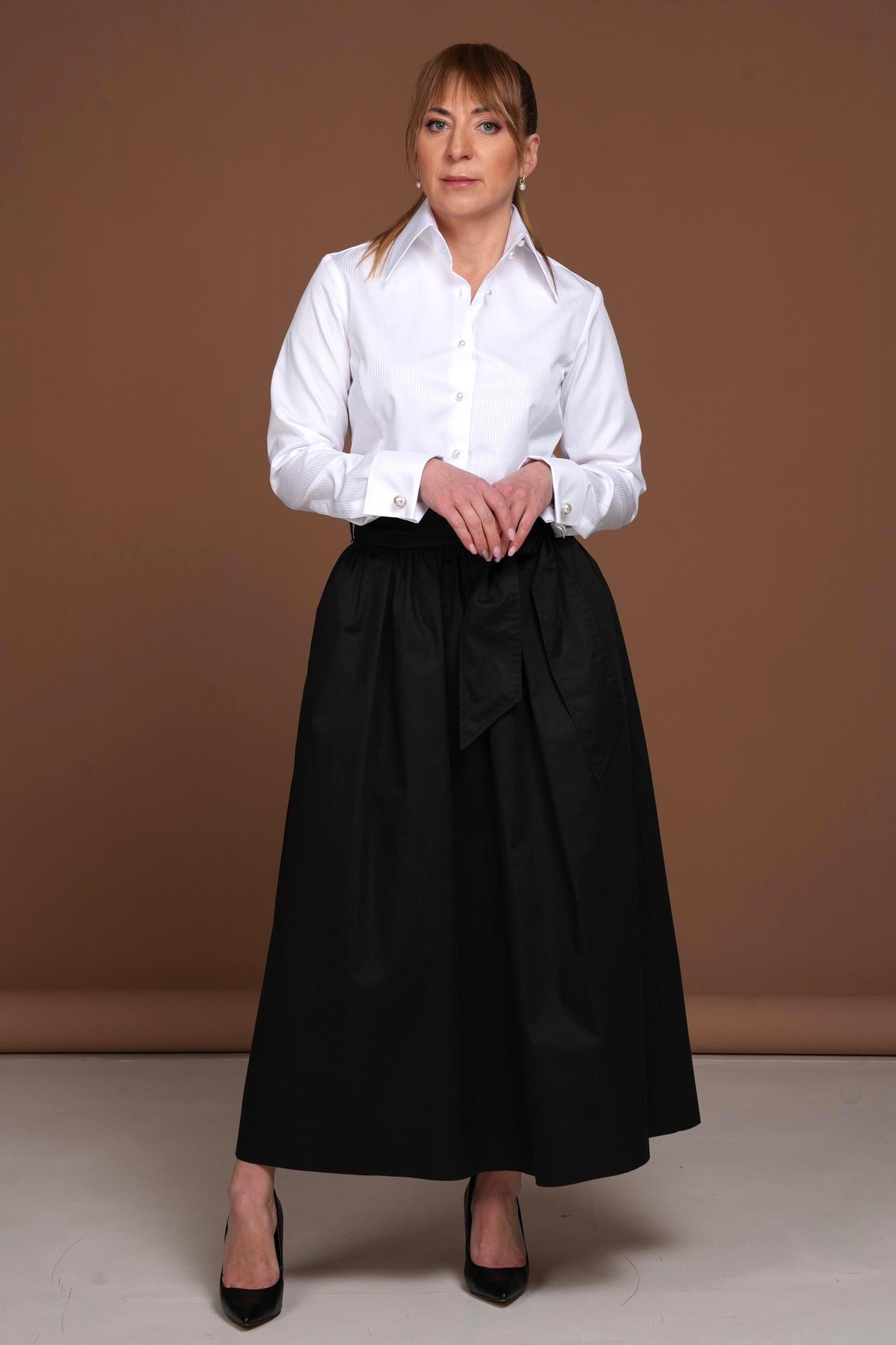 White Fitted Blouse, Elegant White French Cuff Shirt for Women, High Collar Blouse with Mother-of-Pearl Buttons, 100% Premium Cotton