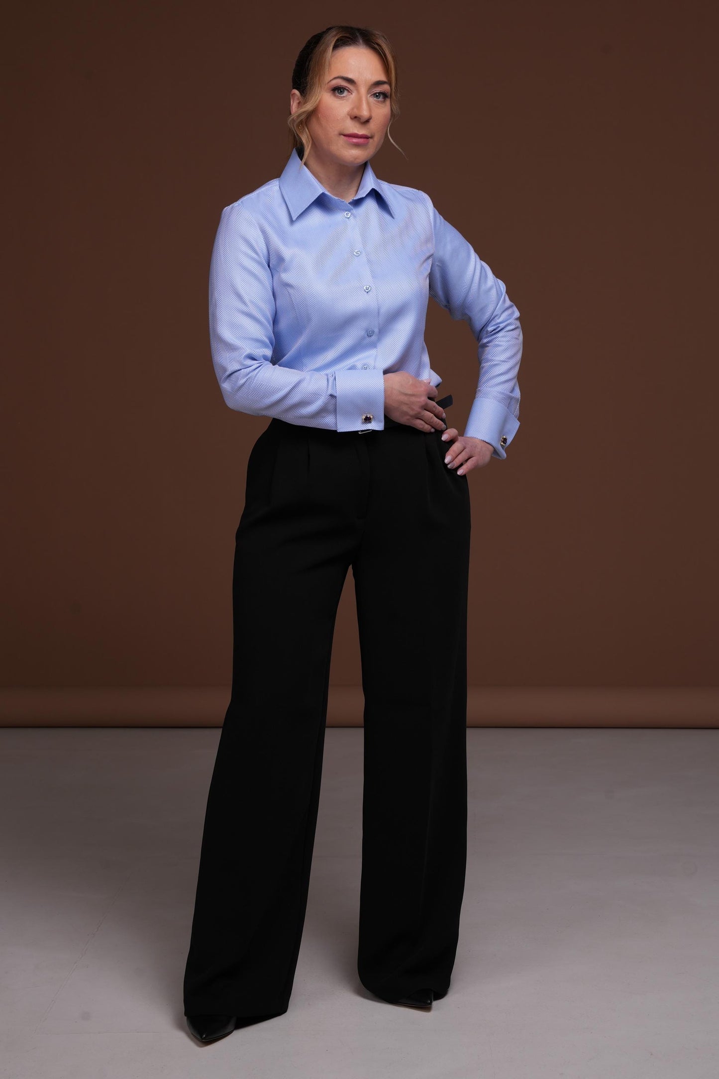 Blue French Cuff Blouse: Elegant 100% Cotton Easy Care Shirt
