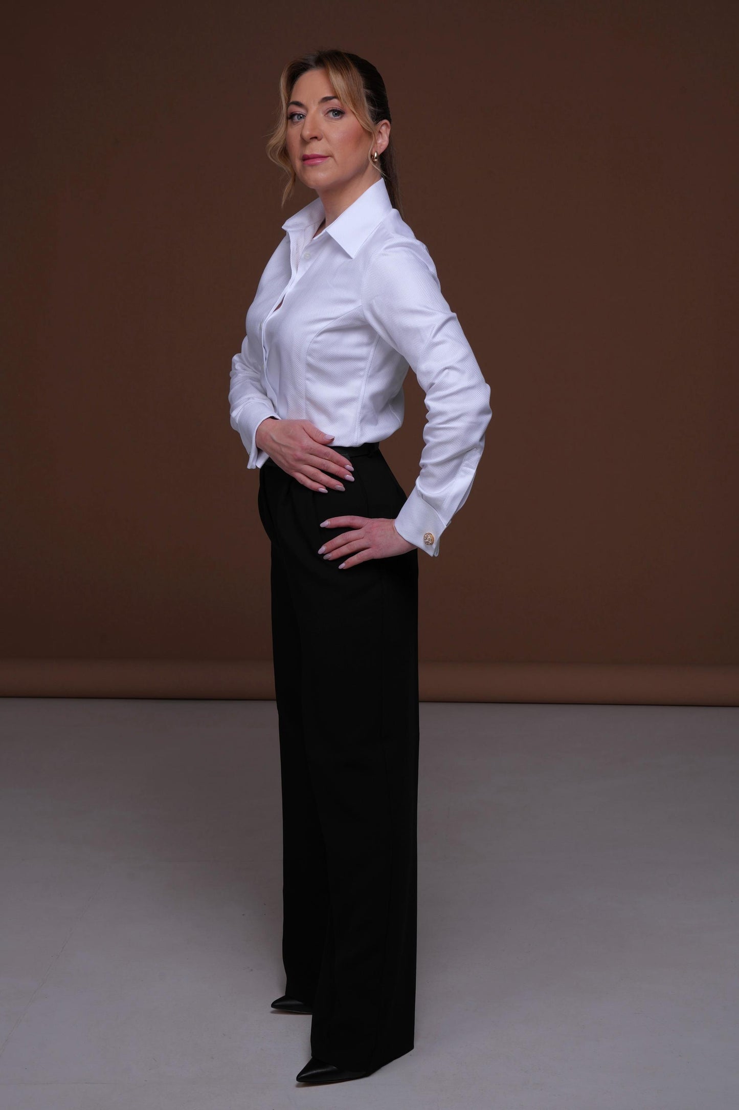 White Herringbone French Cuff Blouse Button Up: 100% Cotton Women's Dress Shirt