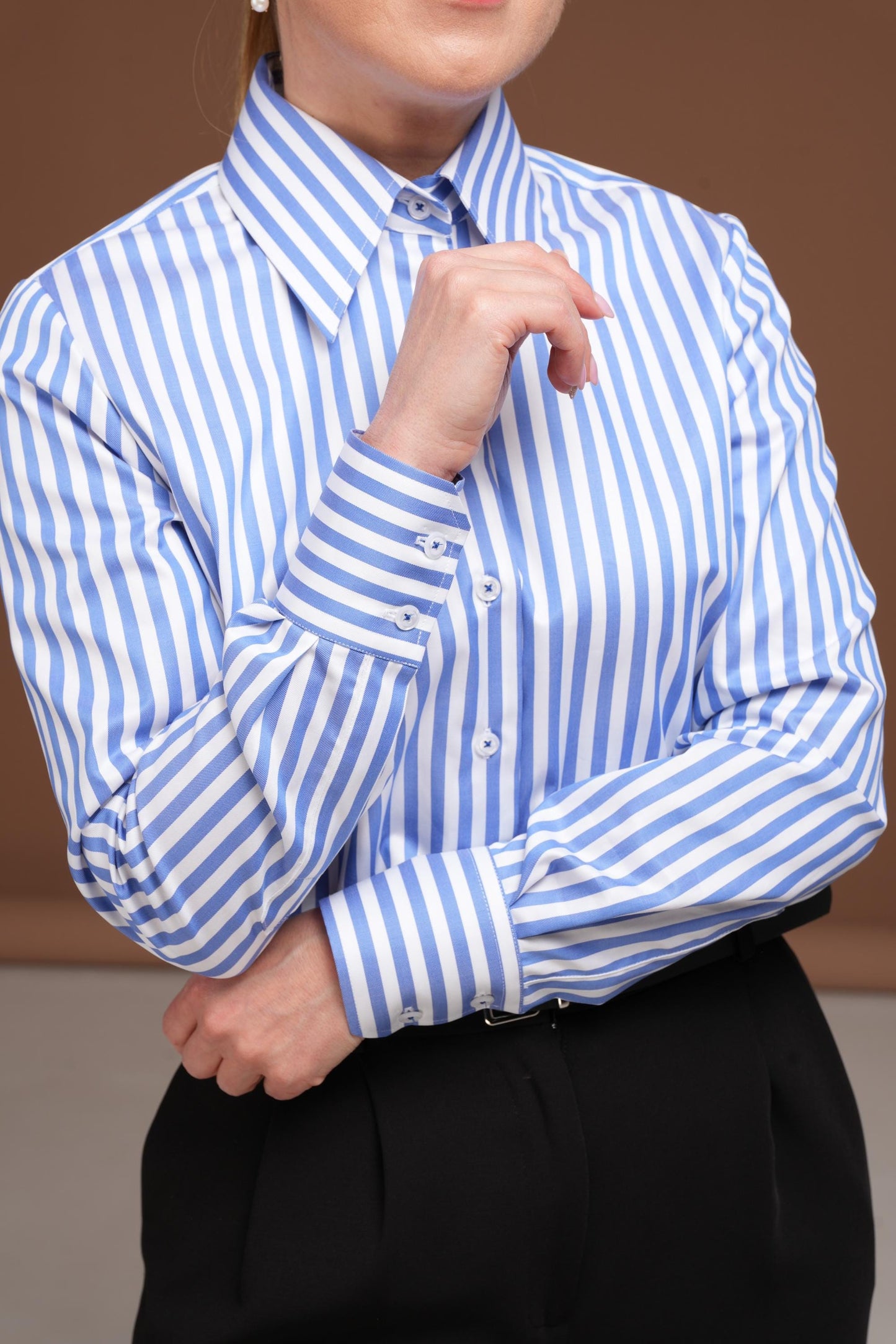 Women's Blue Striped Cotton Shirt – Classic Button Down Shirt – Premium Quality Business Shirt – Straight Cut Blouse – Office Wear
