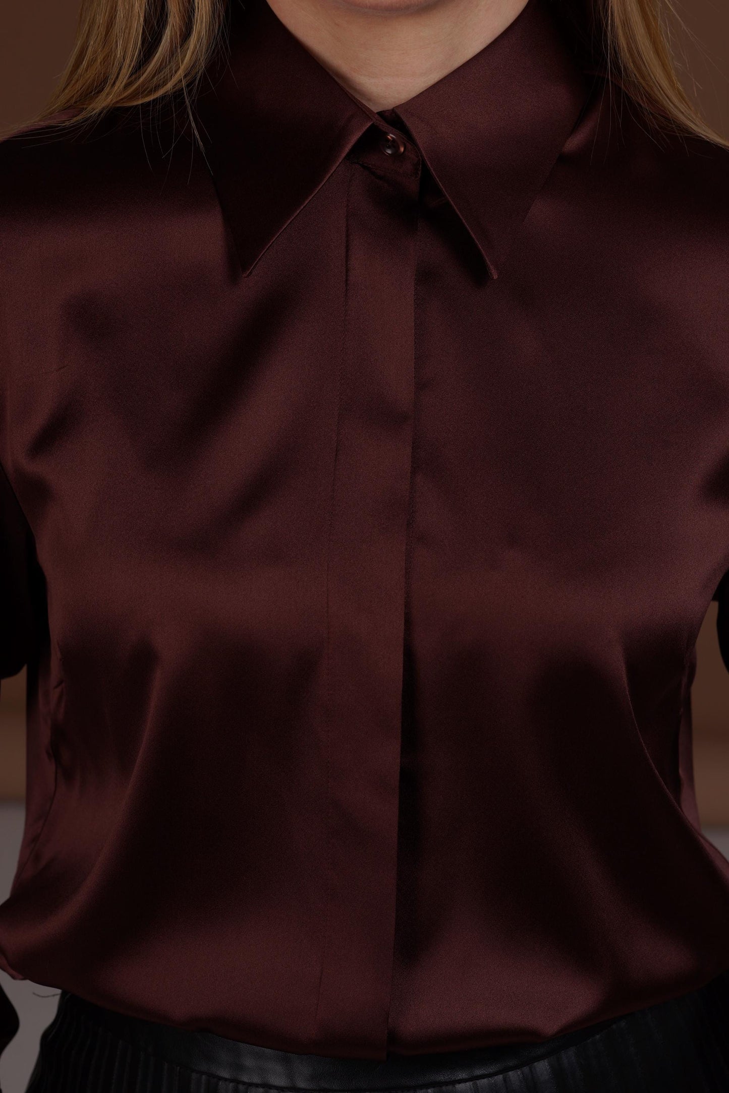 Mulberry Silk Blouse: Brown French Cuff Button-Down Shirt