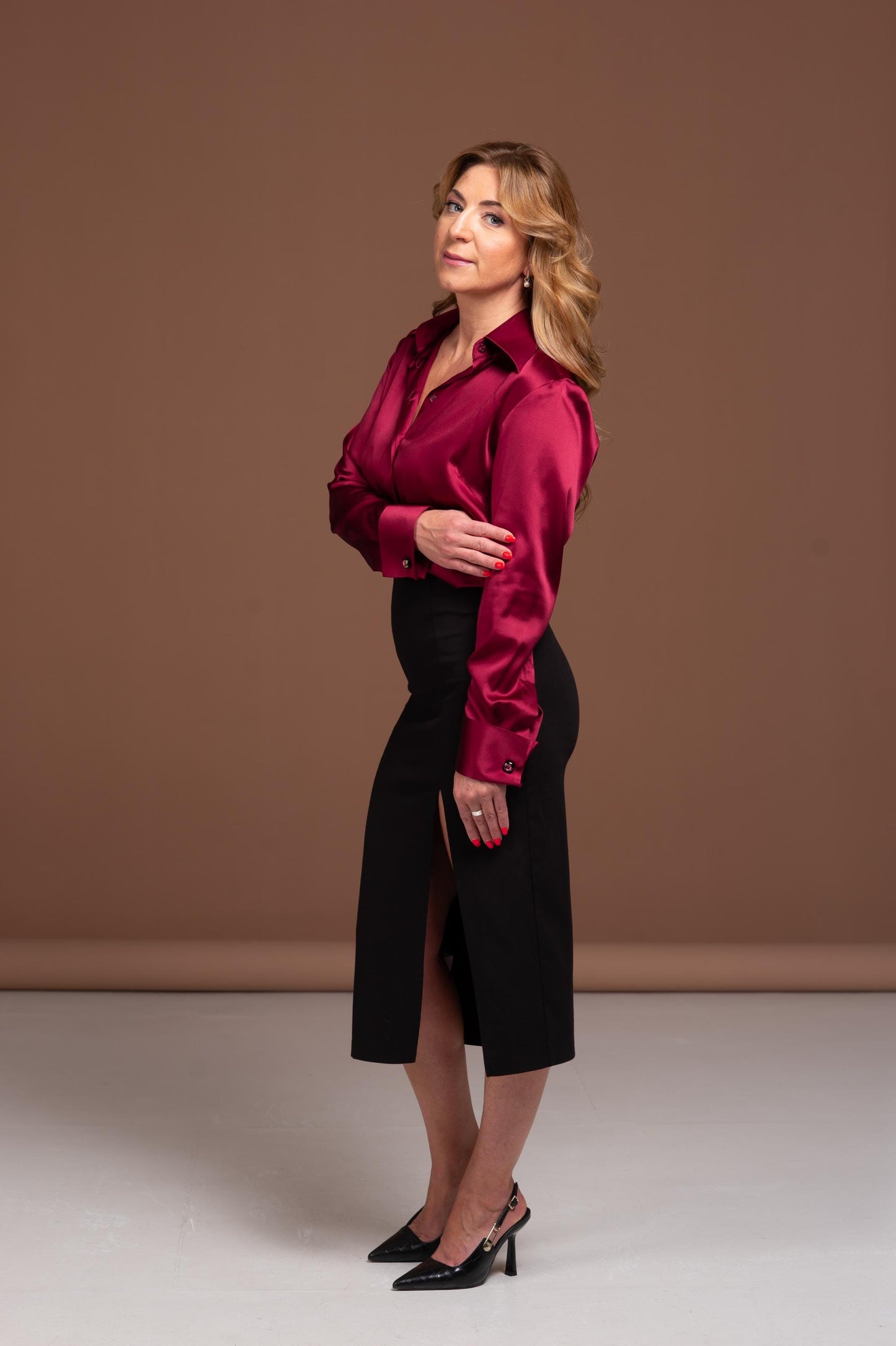 Mulberry Silk Blouse: Dark Red French Cuff Long Sleeve Shirt