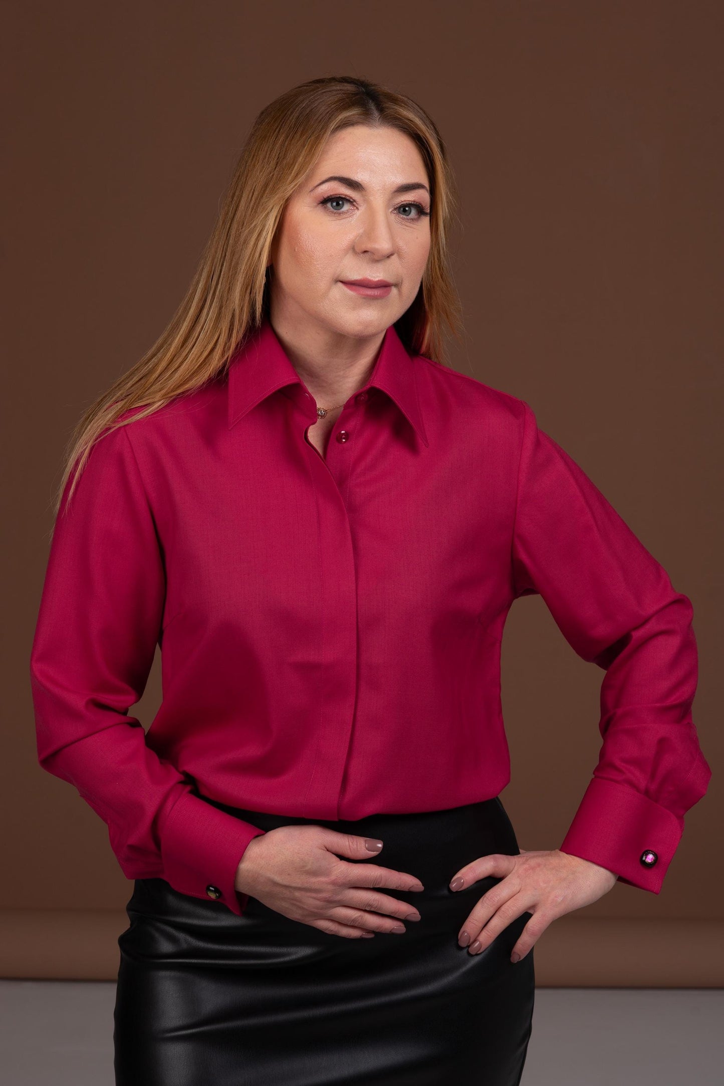 Red Merino Wool Shirt: Elegant French Cuff Button-Down Blouse