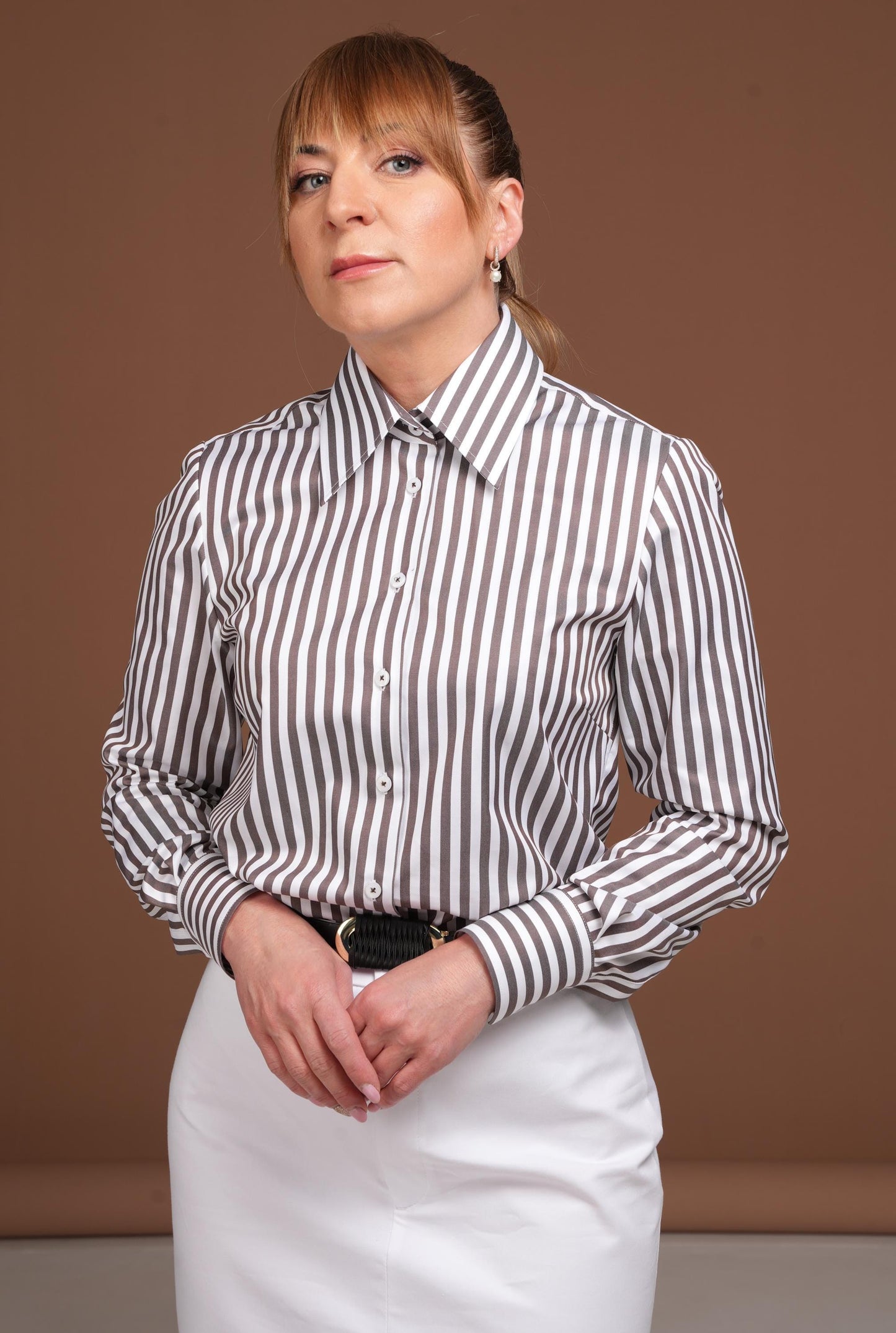 Brown and White Striped Cotton Blouse: European Made Easy Care Shirt