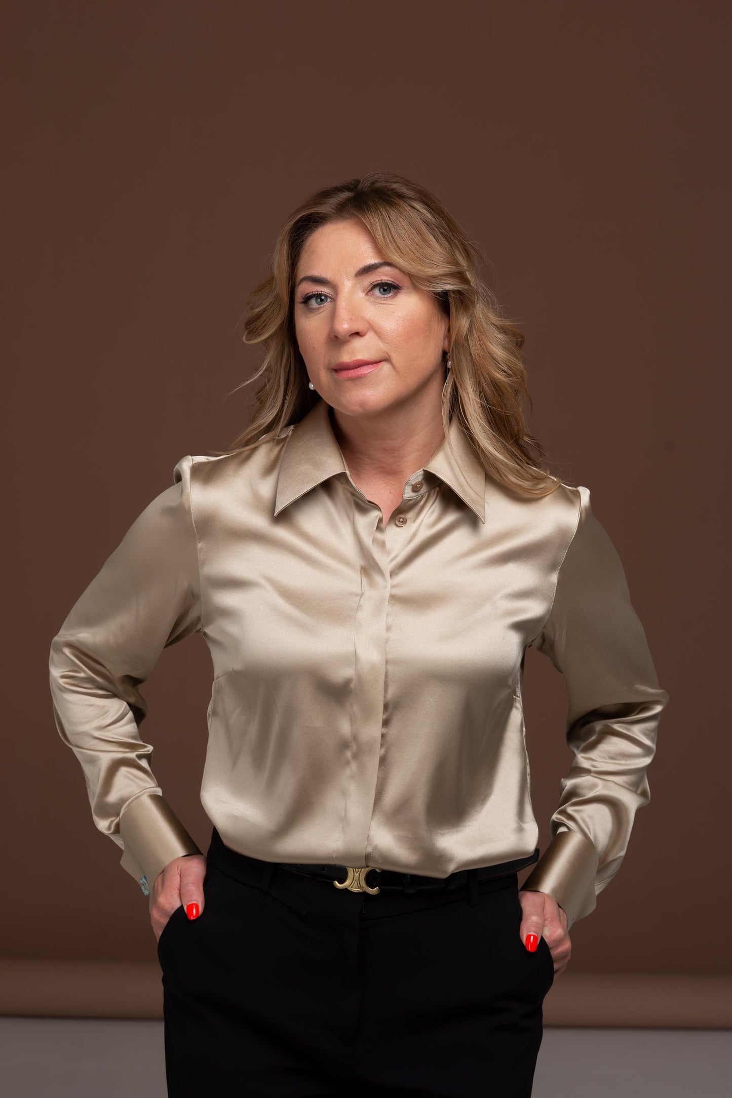 Mulberry Silk Blouse: Gold Button-Up Shirt with French Cuffs