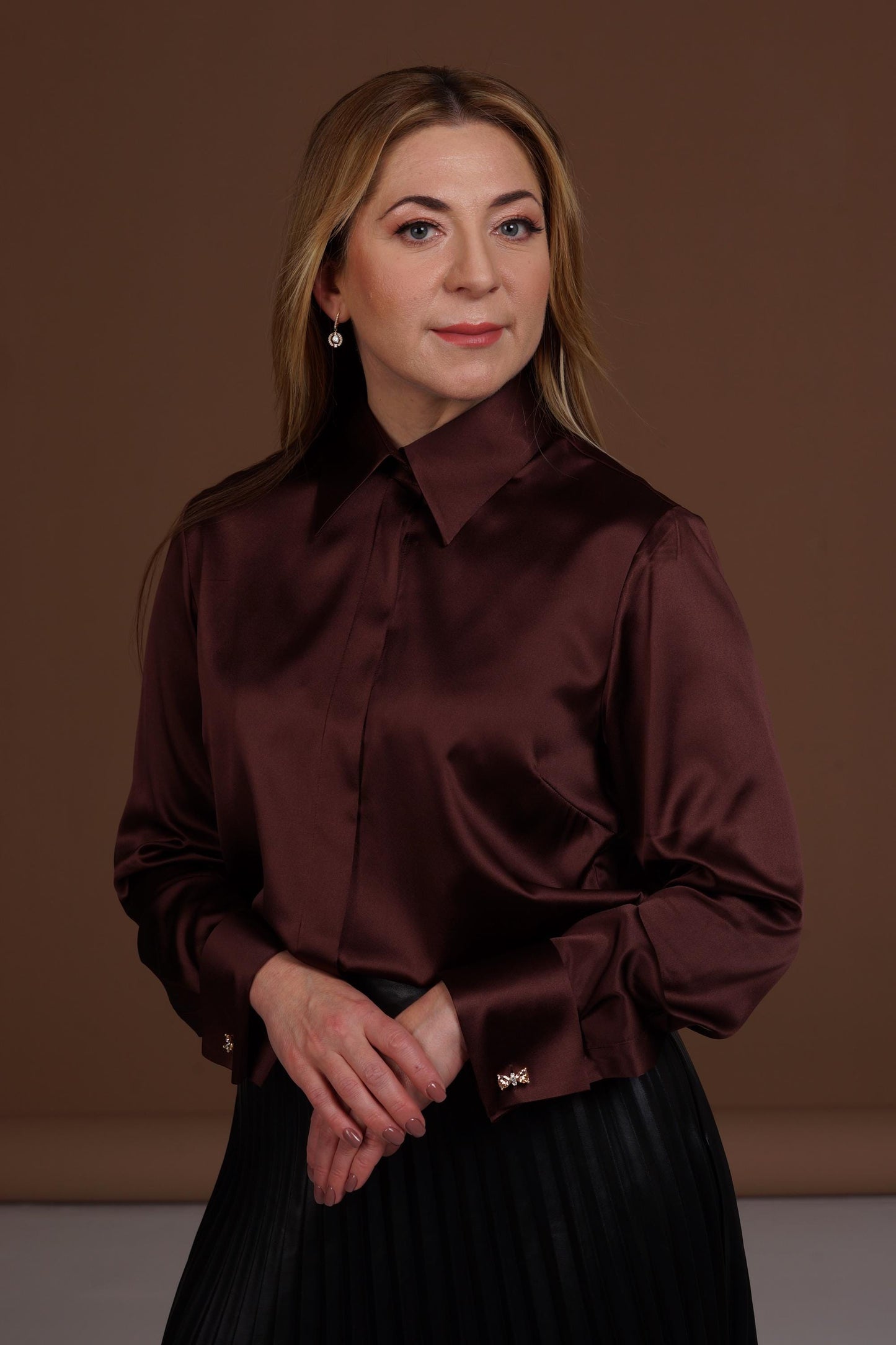 Mulberry Silk Blouse: Brown French Cuff Button-Down Shirt