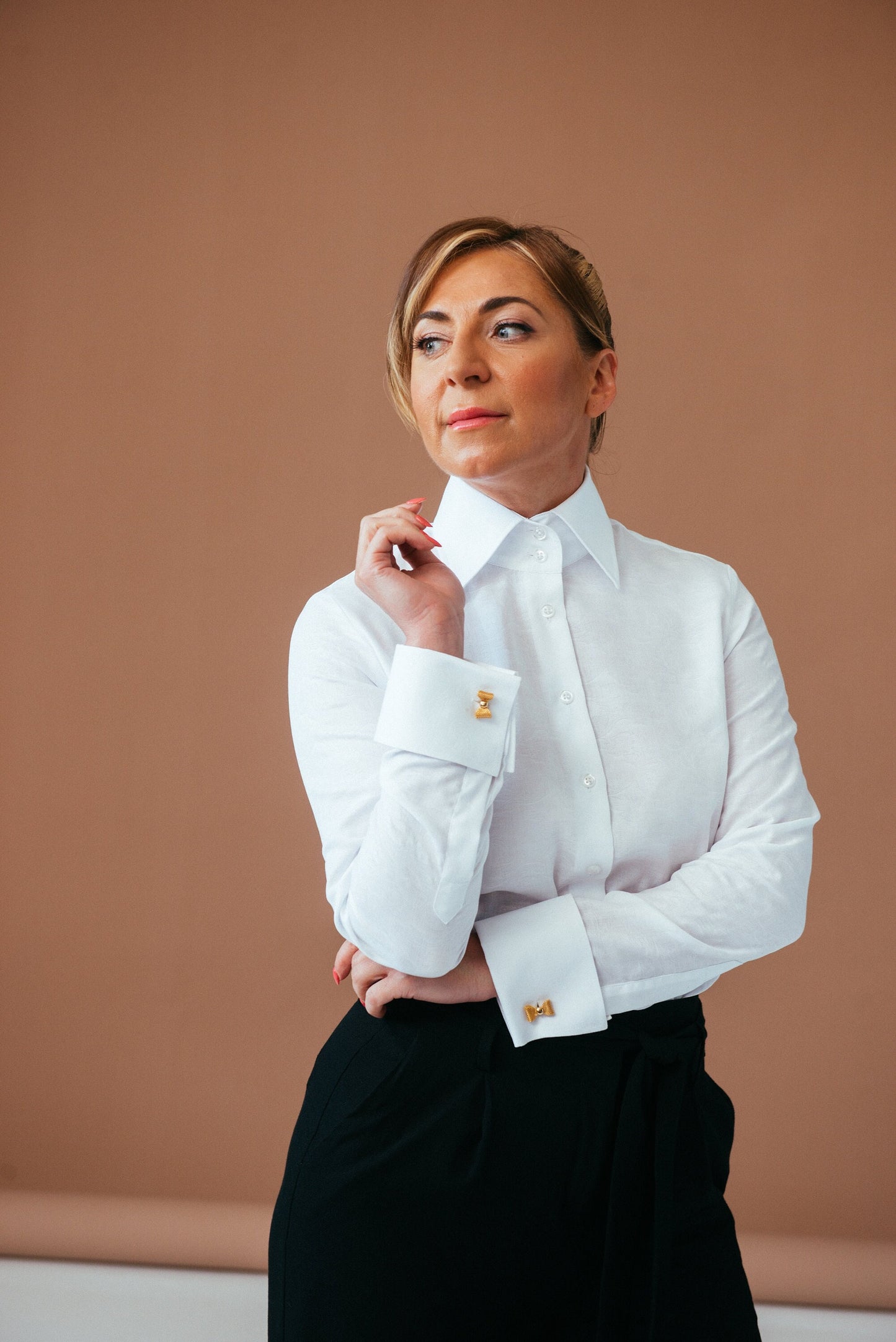 White French Cuff Blouse: Herringbone Cotton Dress Shirt