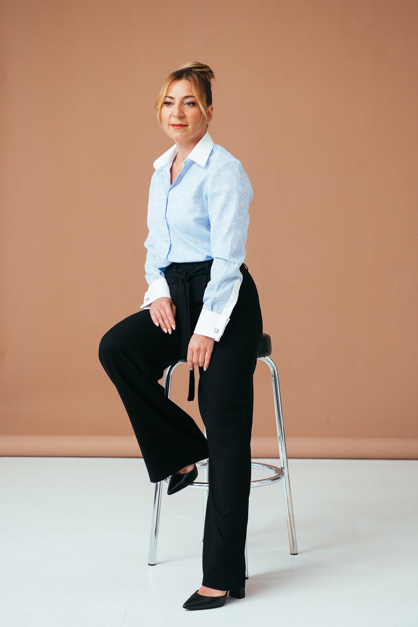 Light Blue Paisley Blouse: Cotton French Cuff Button-Down Shirt
