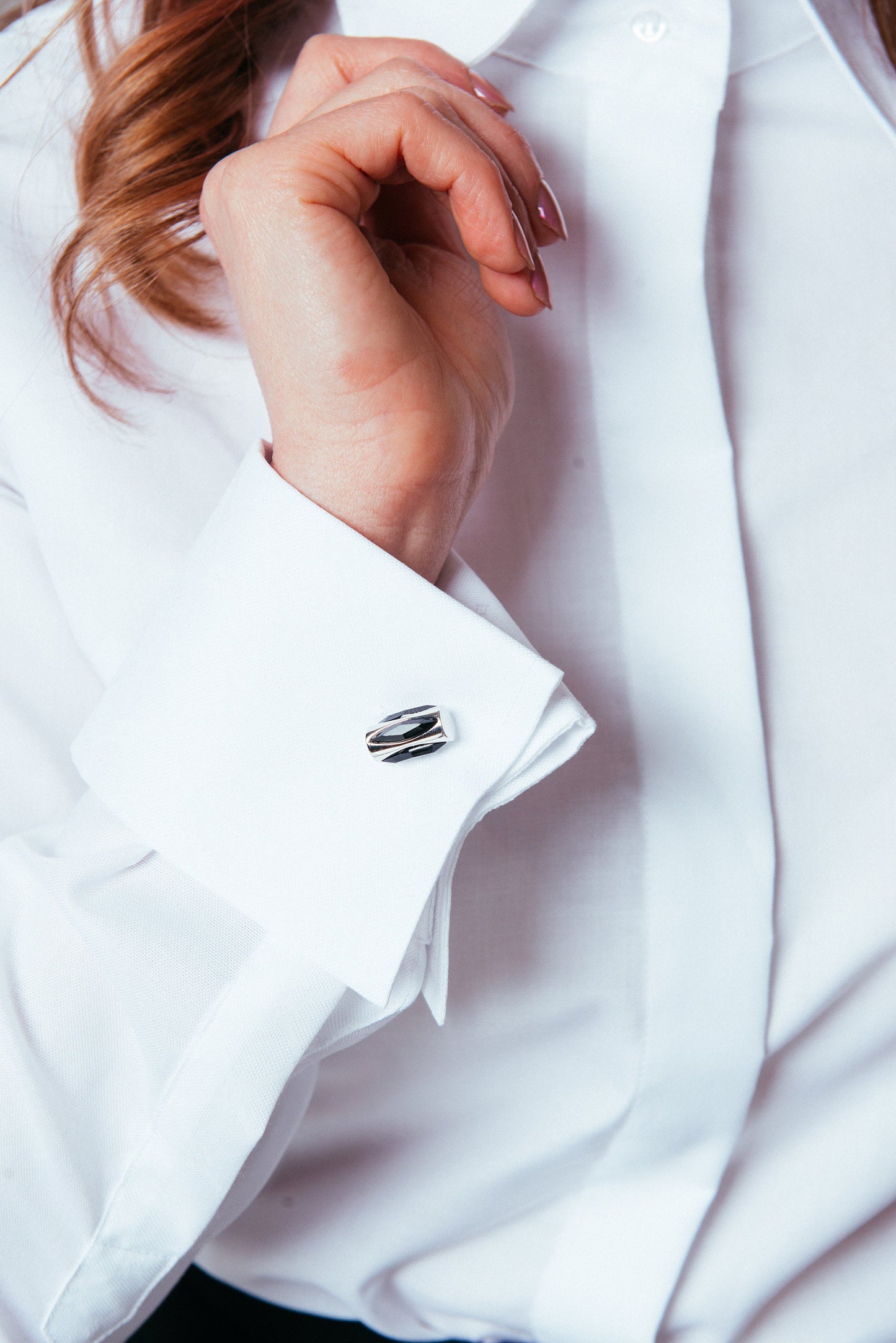 White Oxford French Cuff Blouse: Fitted No Iron High Collar Shirt