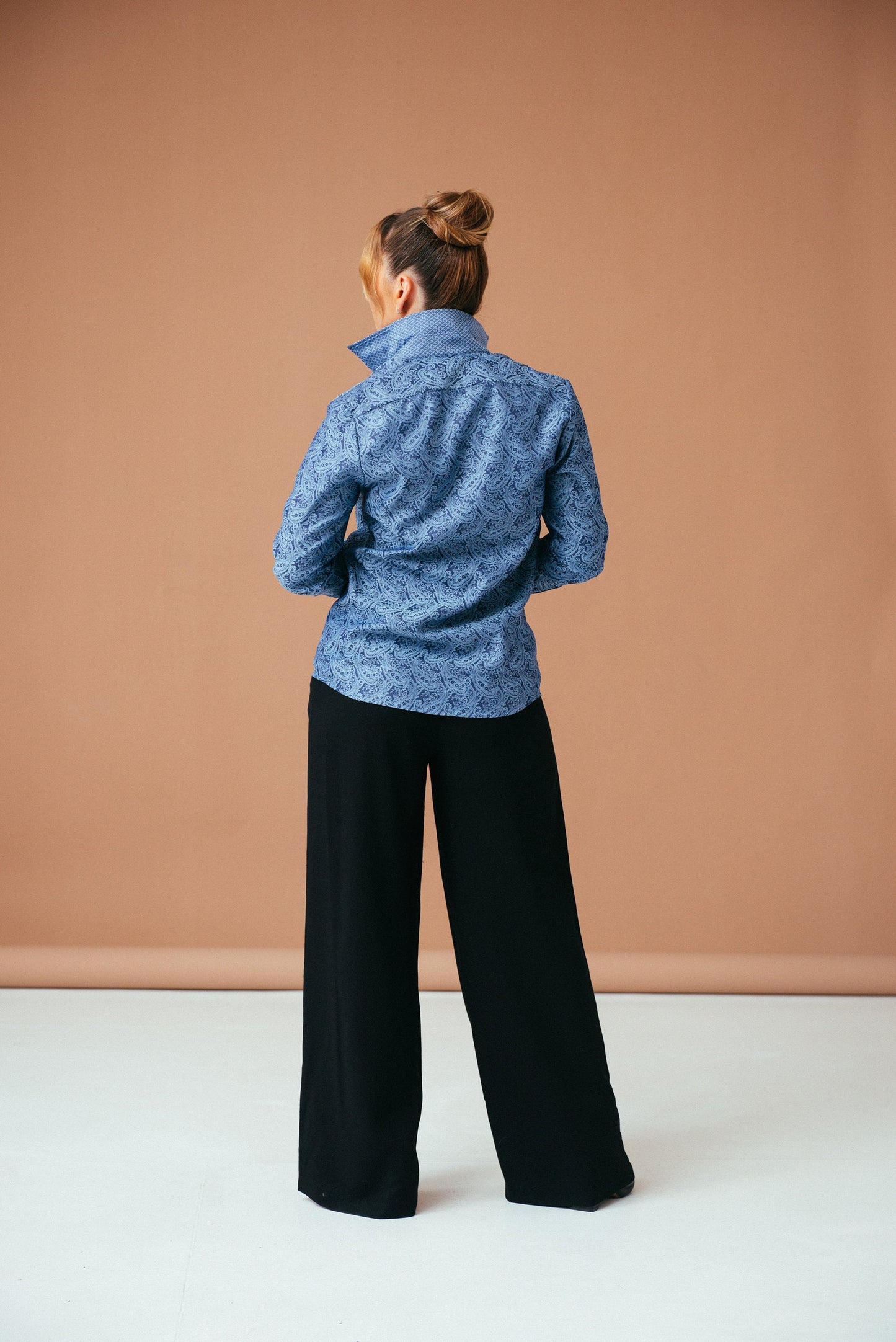 Blue Paisley Cotton French Cuff Shirt - Elegant Women's Blouse