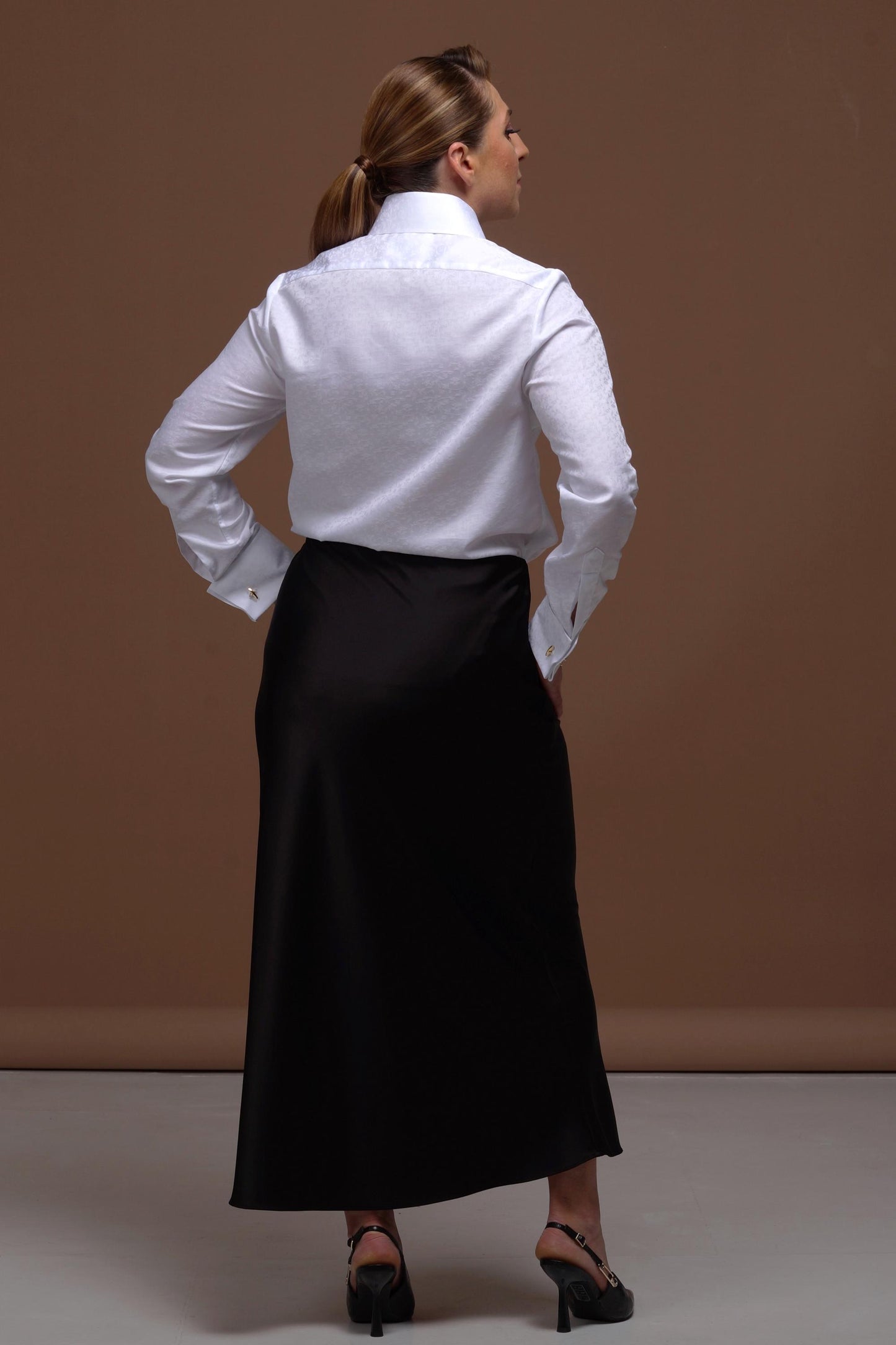 Floral Texture French Cuff Blouse: High Collar 100% Cotton Shirt for Women