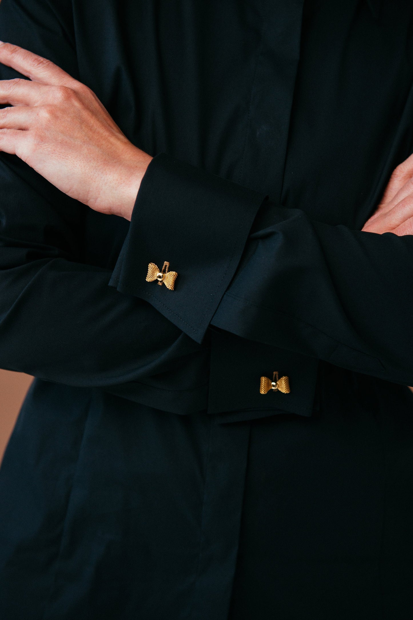 Black French Cuff Blouse: Slim Fit High Collar Cotton Shirt