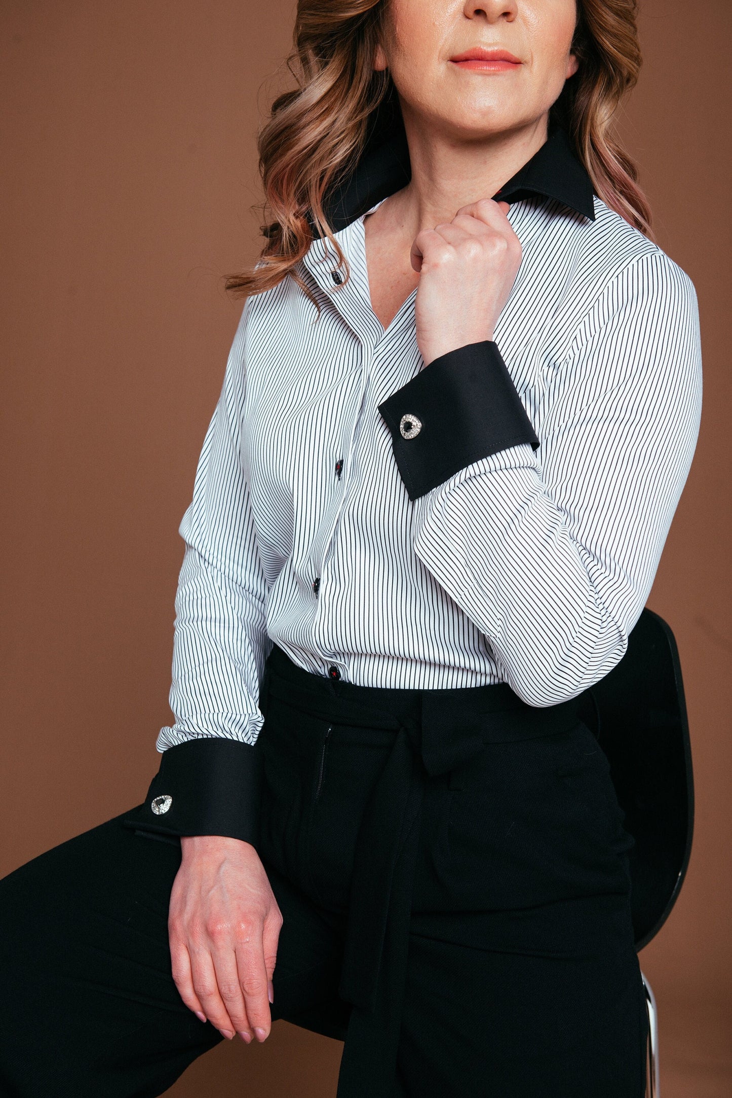 Striped French Cuff Blouse: Slim Fit Stretch Cotton Business Shirt