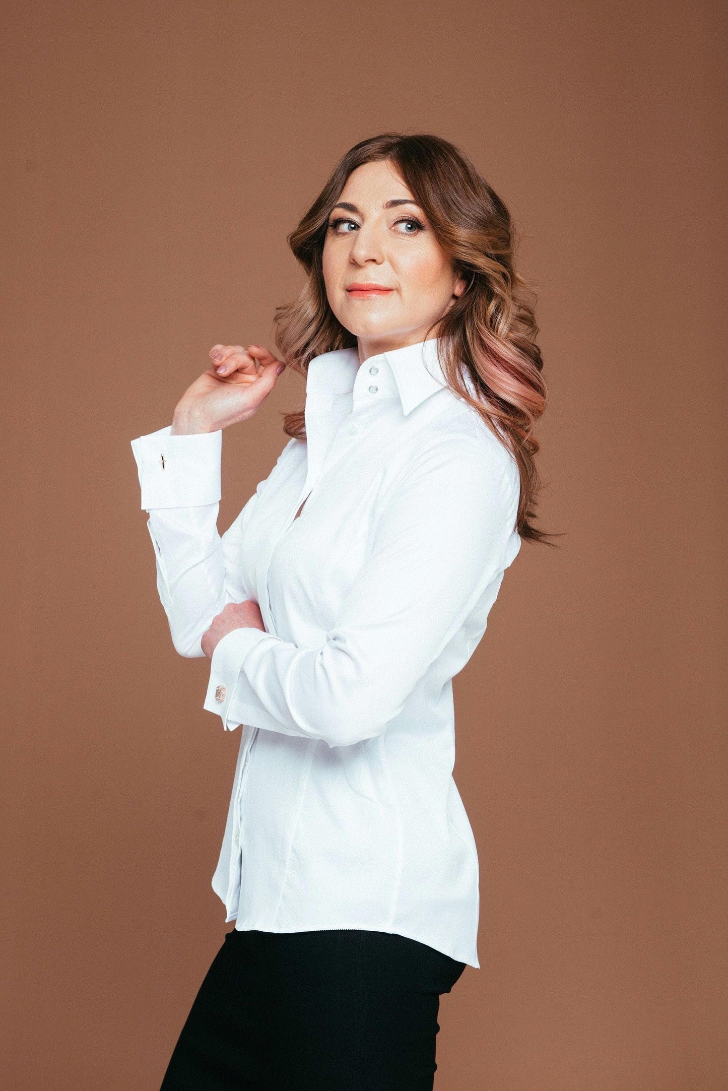 Fitted White Stretch Cotton French Cuff Button Up Blouse: High Collar with Pearl Buttons