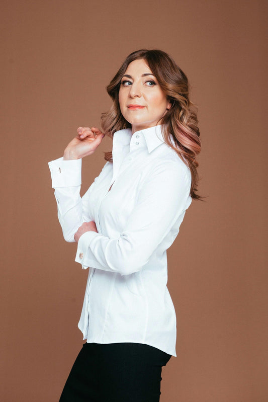 Fitted White Stretch Cotton French Cuff Button Up Blouse: High Collar with Pearl Buttons