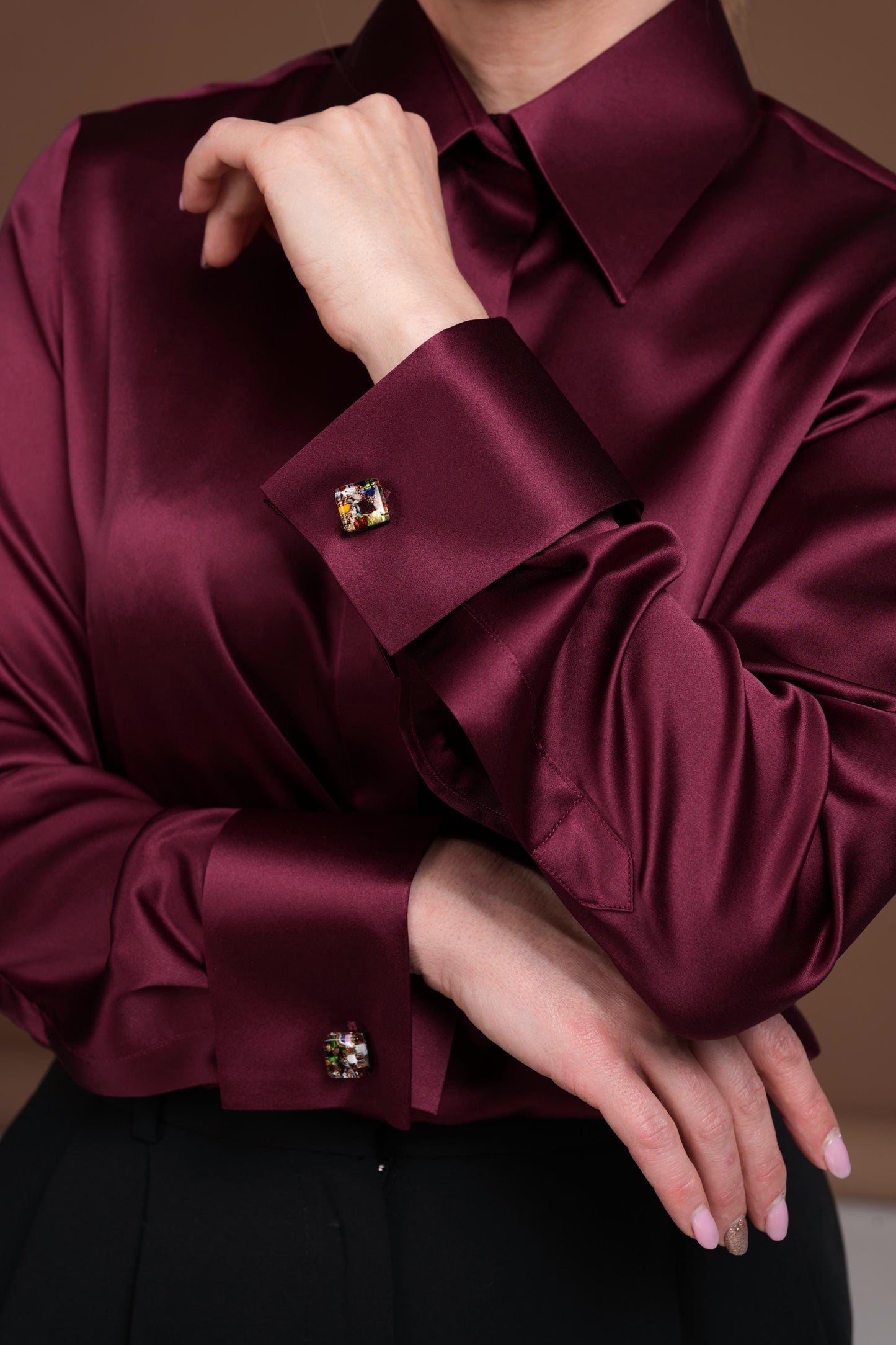 Burgundy Silk Blouse: Satin Shirt with French Cuffs