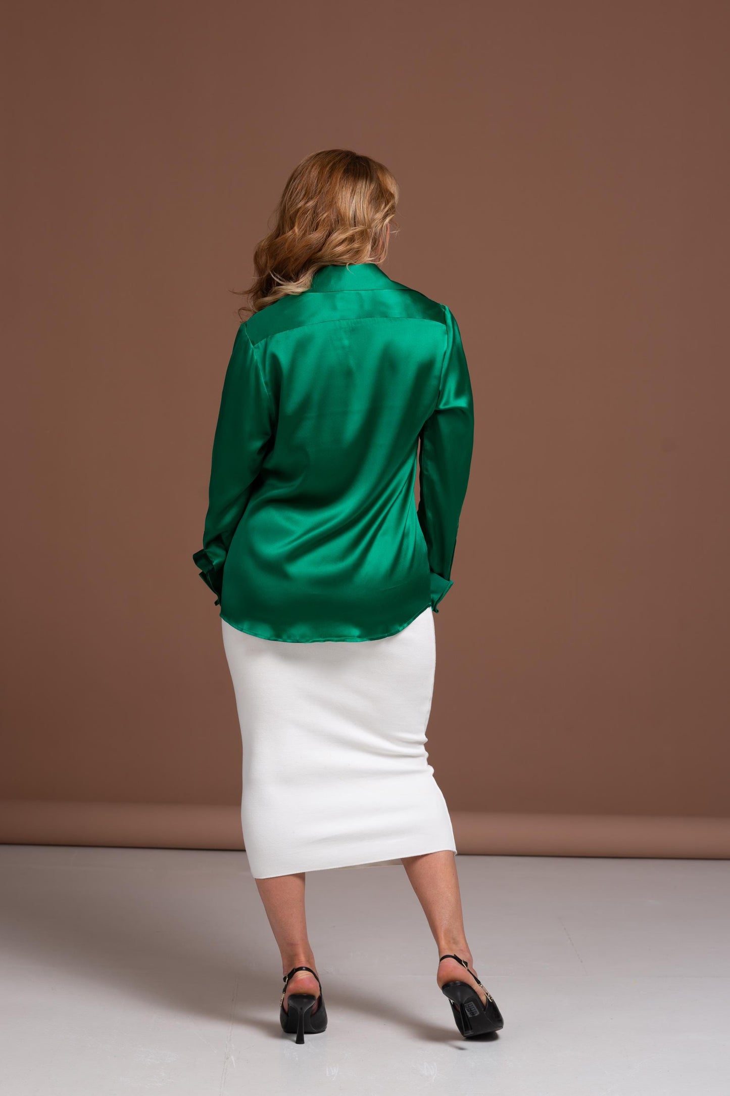 Emerald Green Mulberry Silk Blouse - French Cuff Long Sleeve Top