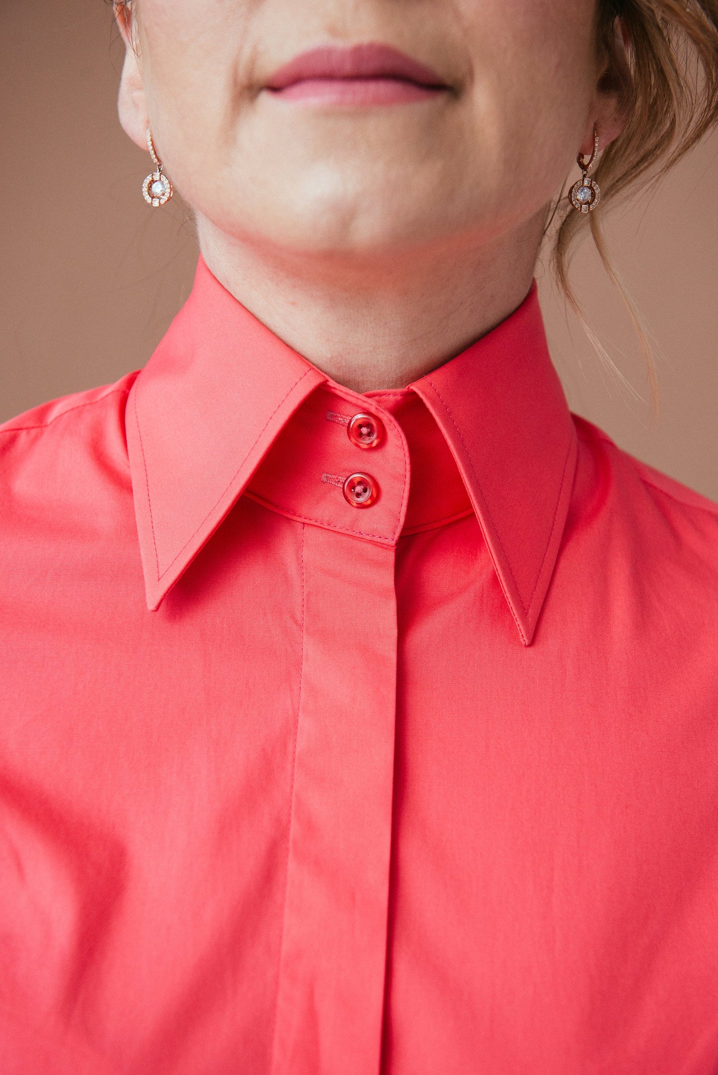 Coral Red French Cuff Blouse: Stretch Cotton High Collar Shirt for Women