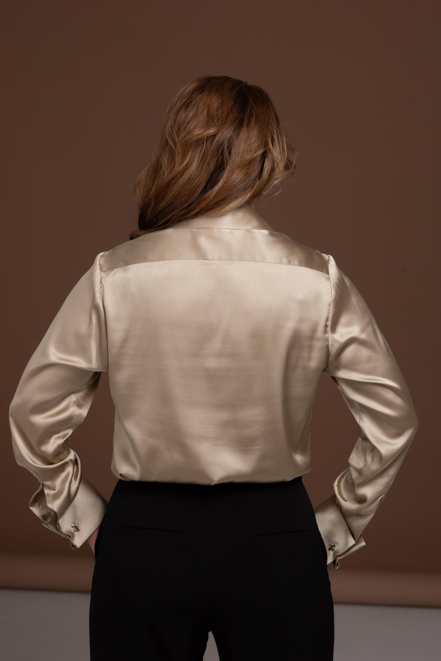 Mulberry Silk Blouse: Gold Button-Up Shirt with French Cuffs