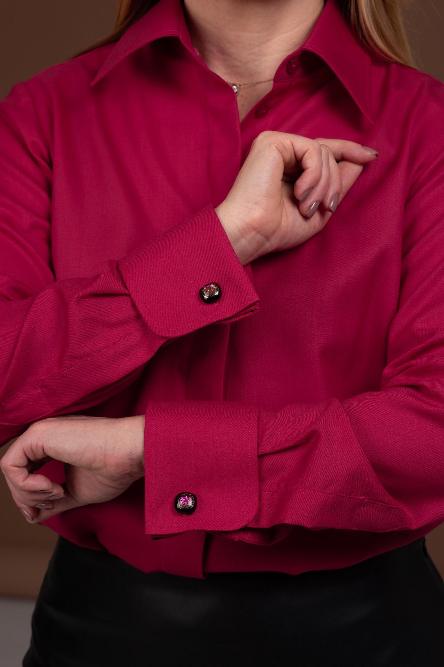Red Merino Wool Shirt: Elegant French Cuff Button-Down Blouse
