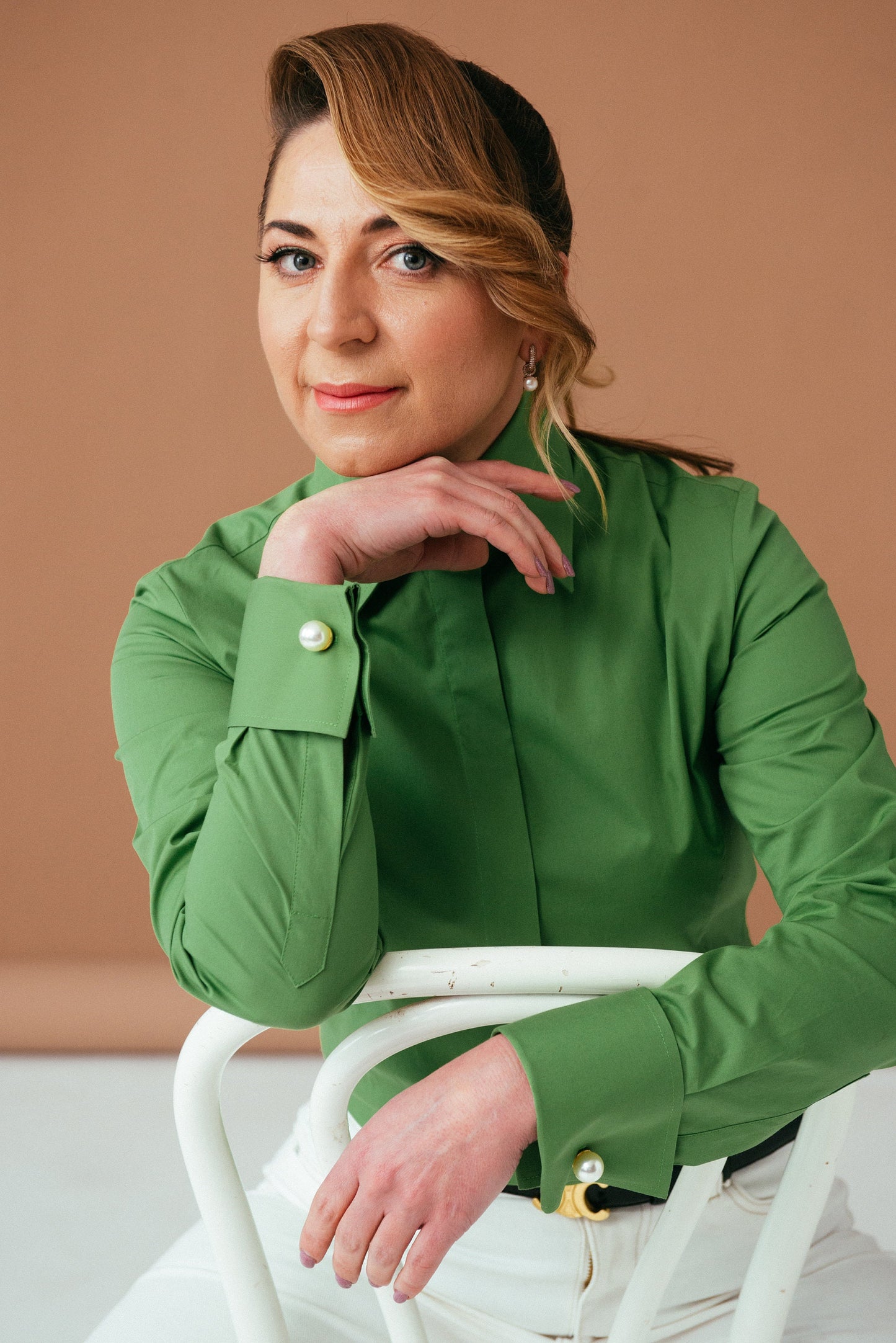 Green French Cuff Shirt: Fitted Cotton Button-Down Blouse