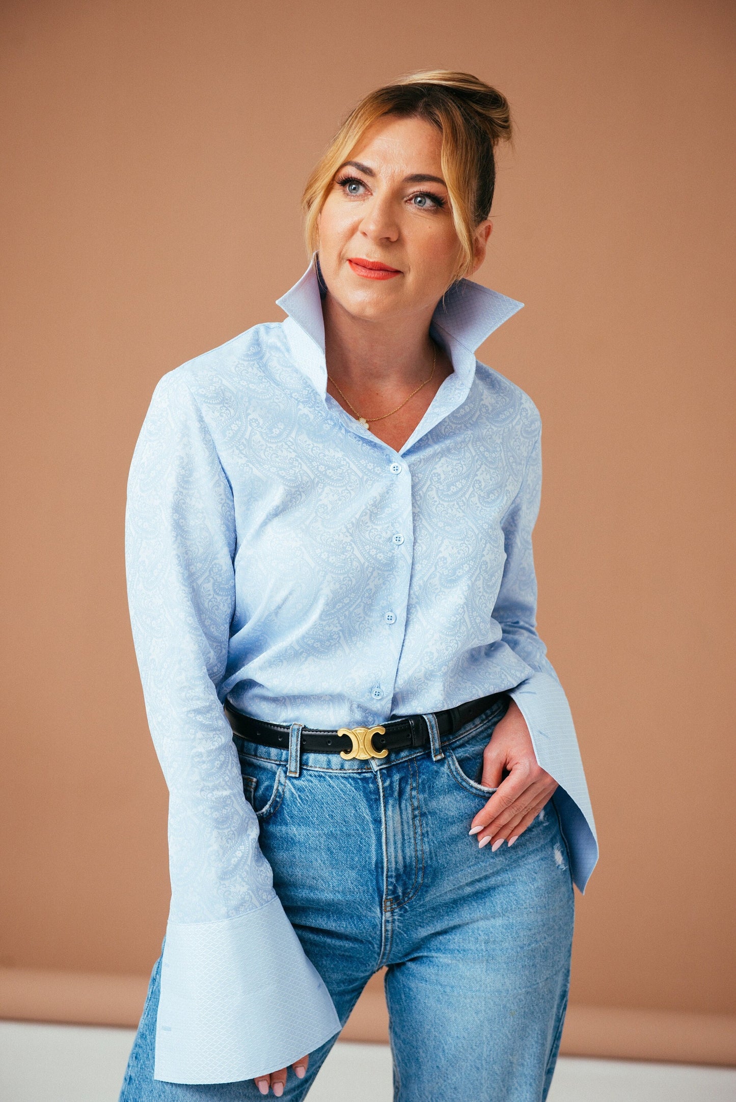 Blue Paisley French Cuff Blouse: Women's Cotton Button-Up Shirt