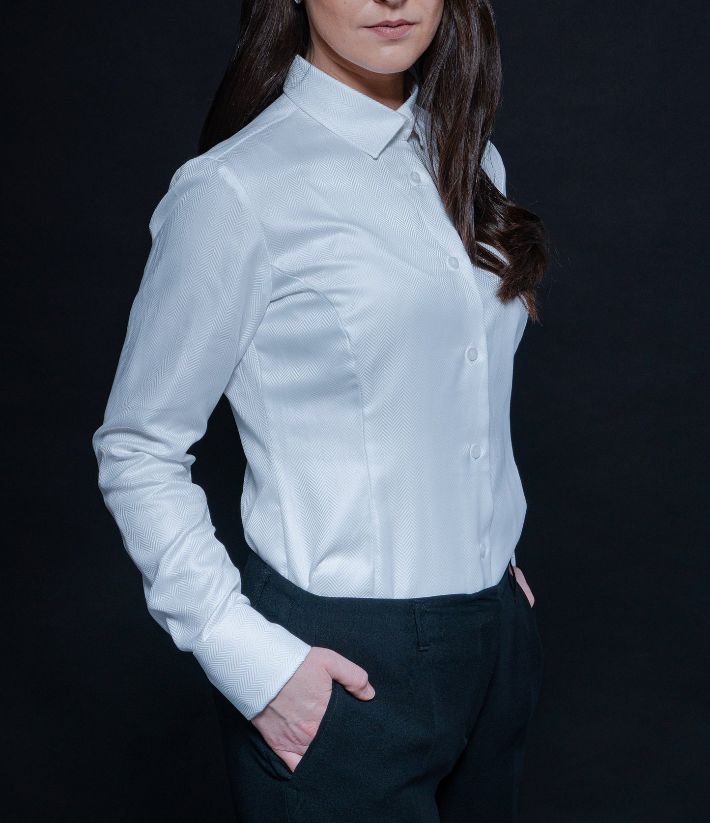 White Herringbone Cotton Shirt: Elegant French Cuff Blouse