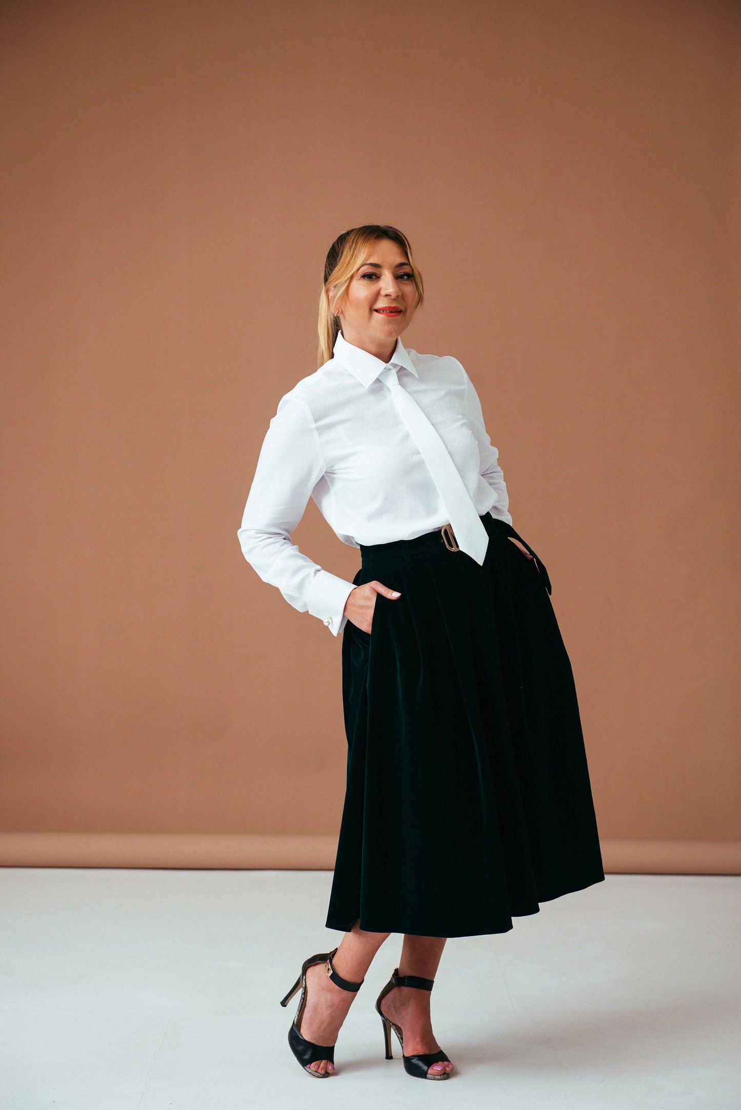 White Paisley Tie Neck Blouse: French Cuff Cotton Shirt