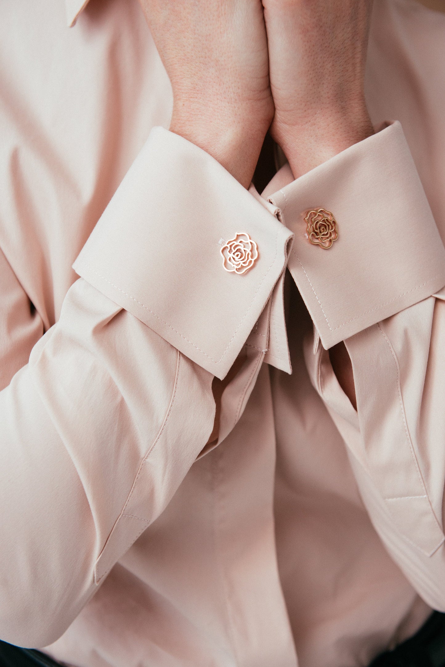 Pastel Pink Cotton French Cuff Blouse: Fitted High Collar Shirt