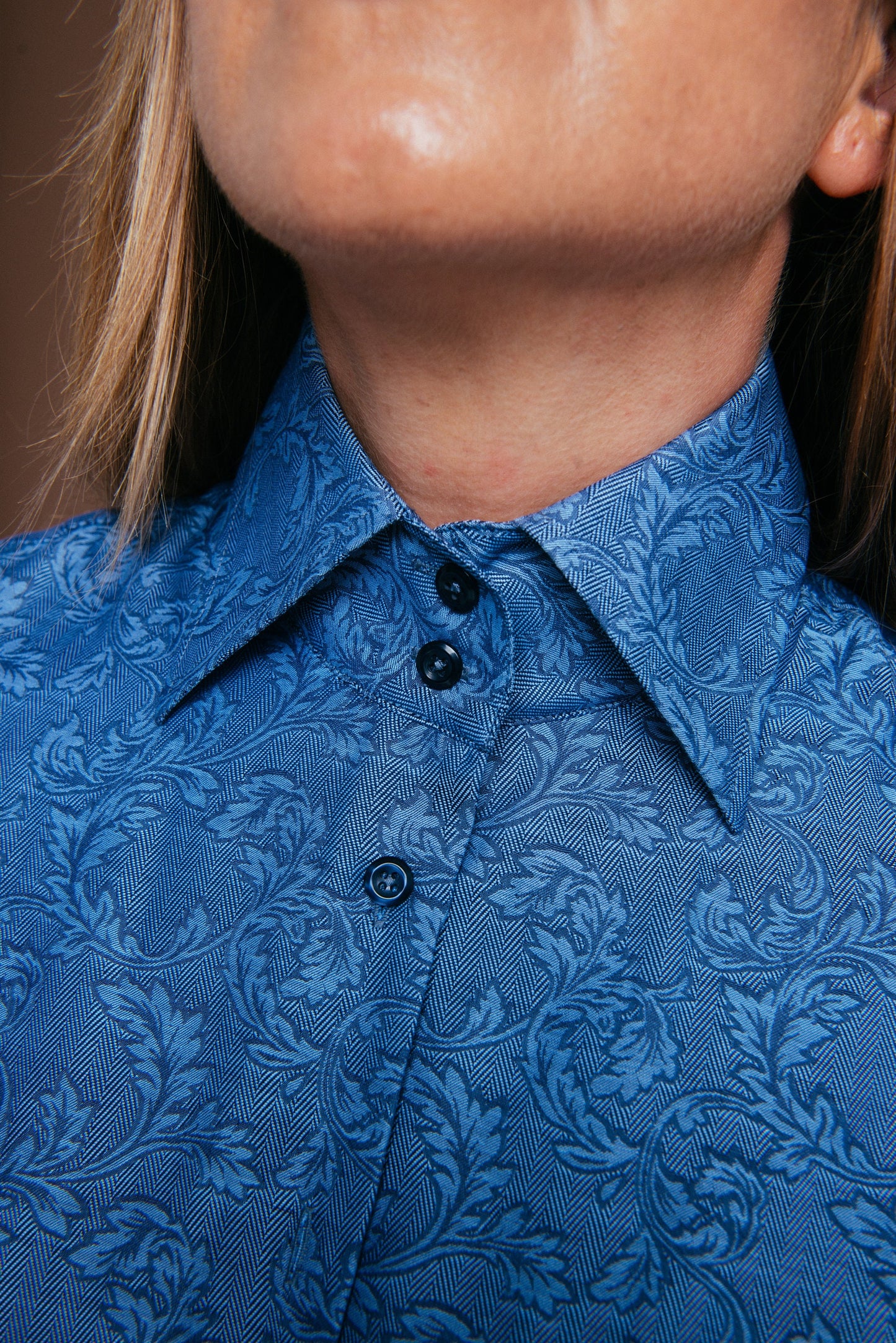 Blue Herringbone French Cuff Blouse: 100% Cotton Button-Down