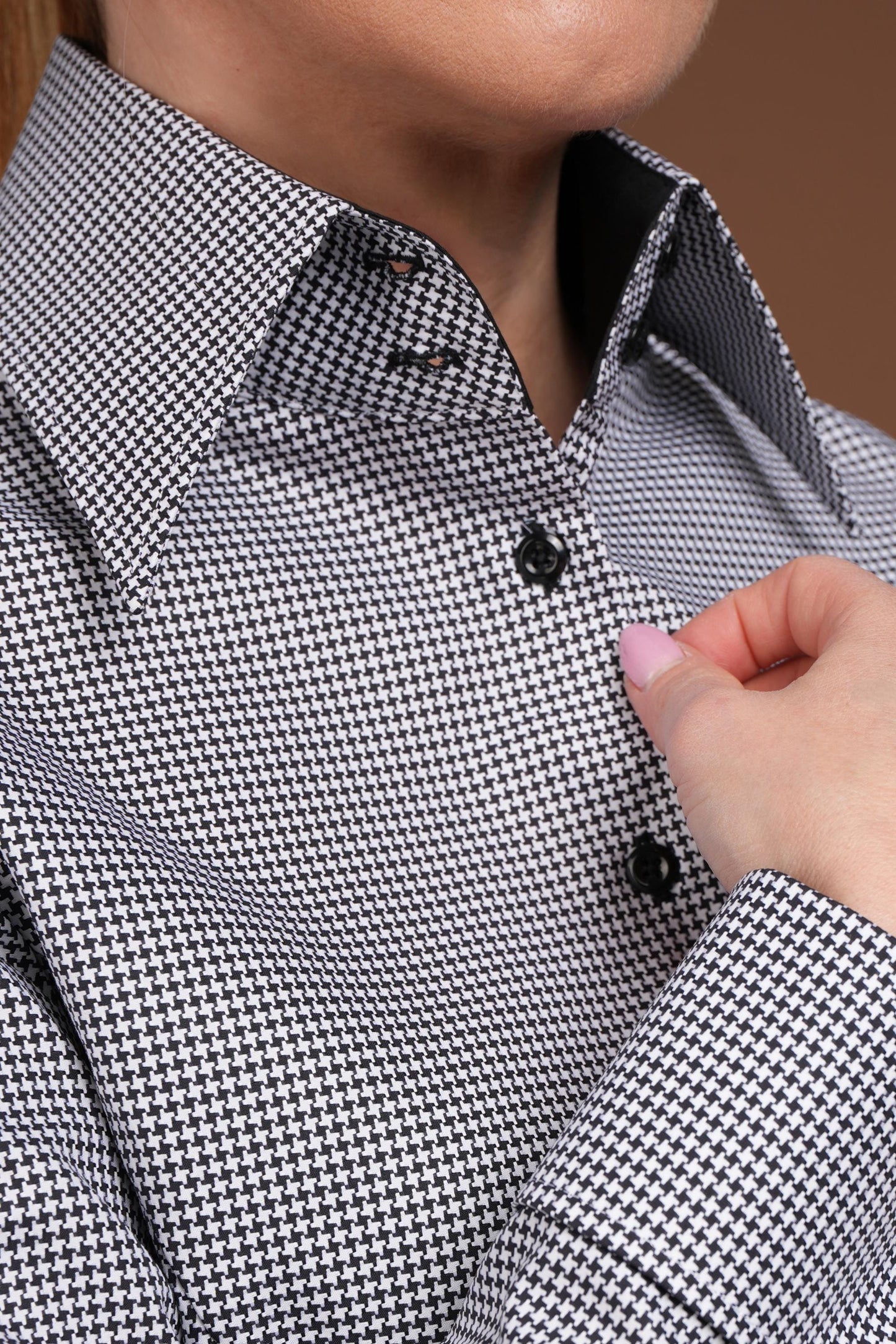 Houndstooth French Cuff Blouse: Fitted Black & White Cotton Shirt