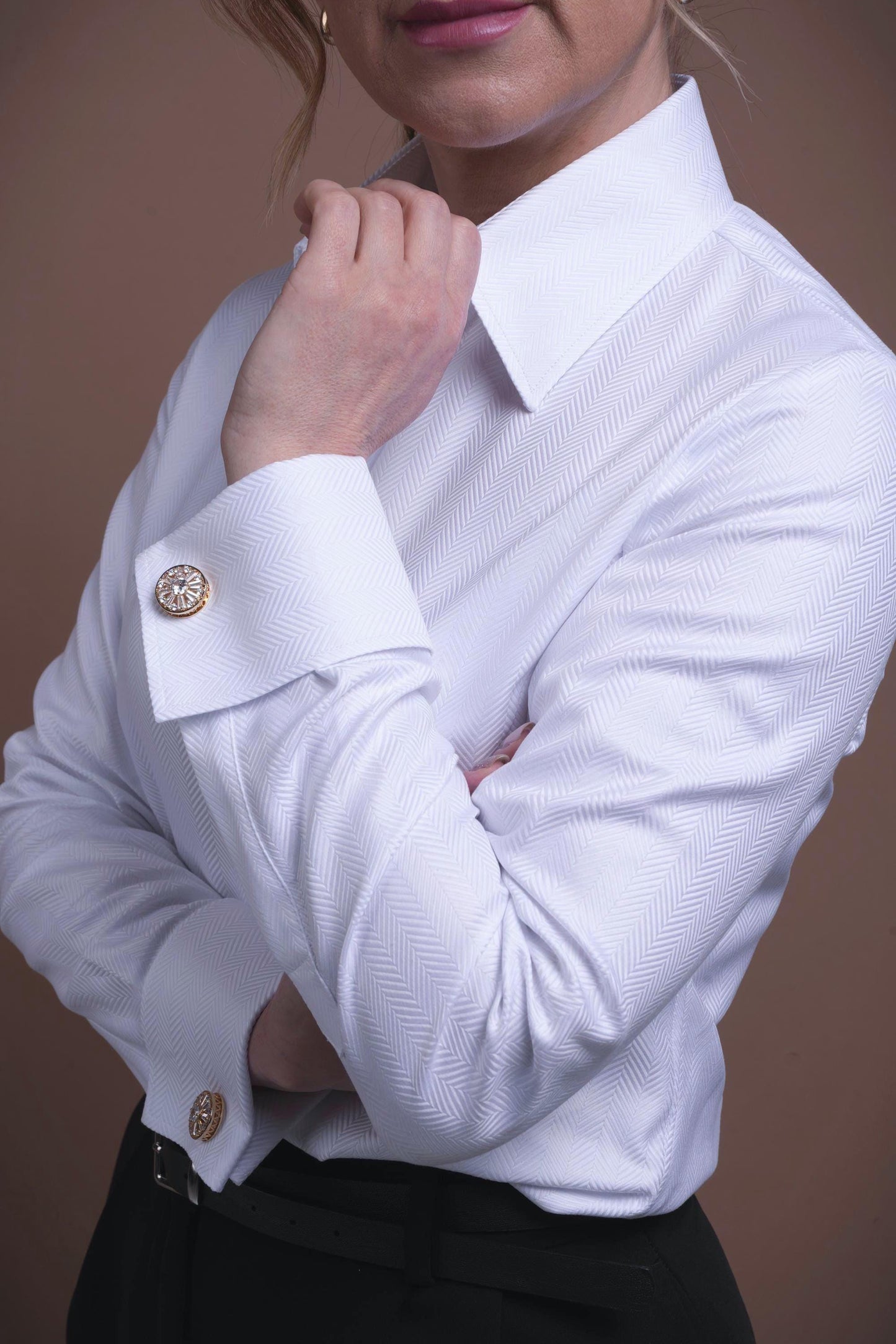 White Herringbone French Cuff Blouse Button Up: 100% Cotton Women's Dress Shirt