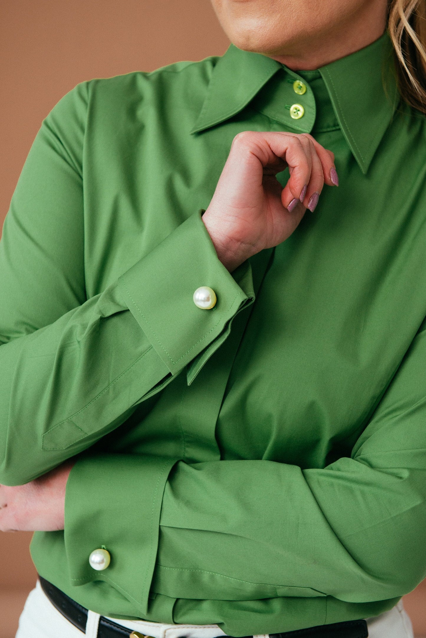 Green French Cuff Shirt: Fitted Cotton Button-Down Blouse