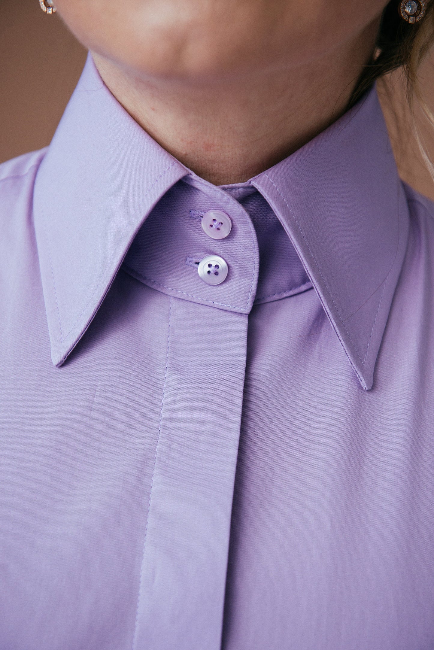 Purple French Cuff Blouse: Stretch Cotton High Collar Shirt