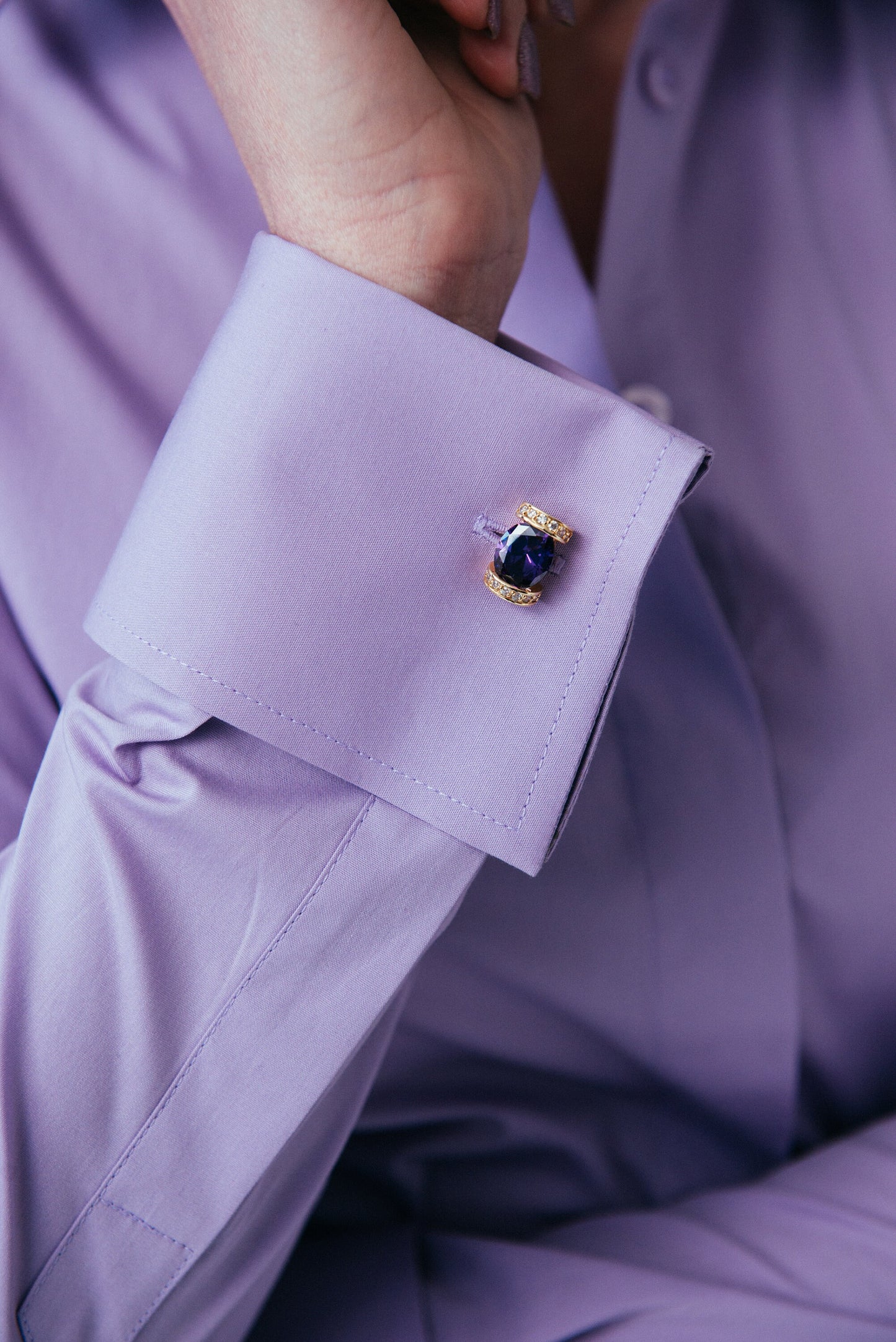 Purple French Cuff Blouse: Stretch Cotton High Collar Shirt